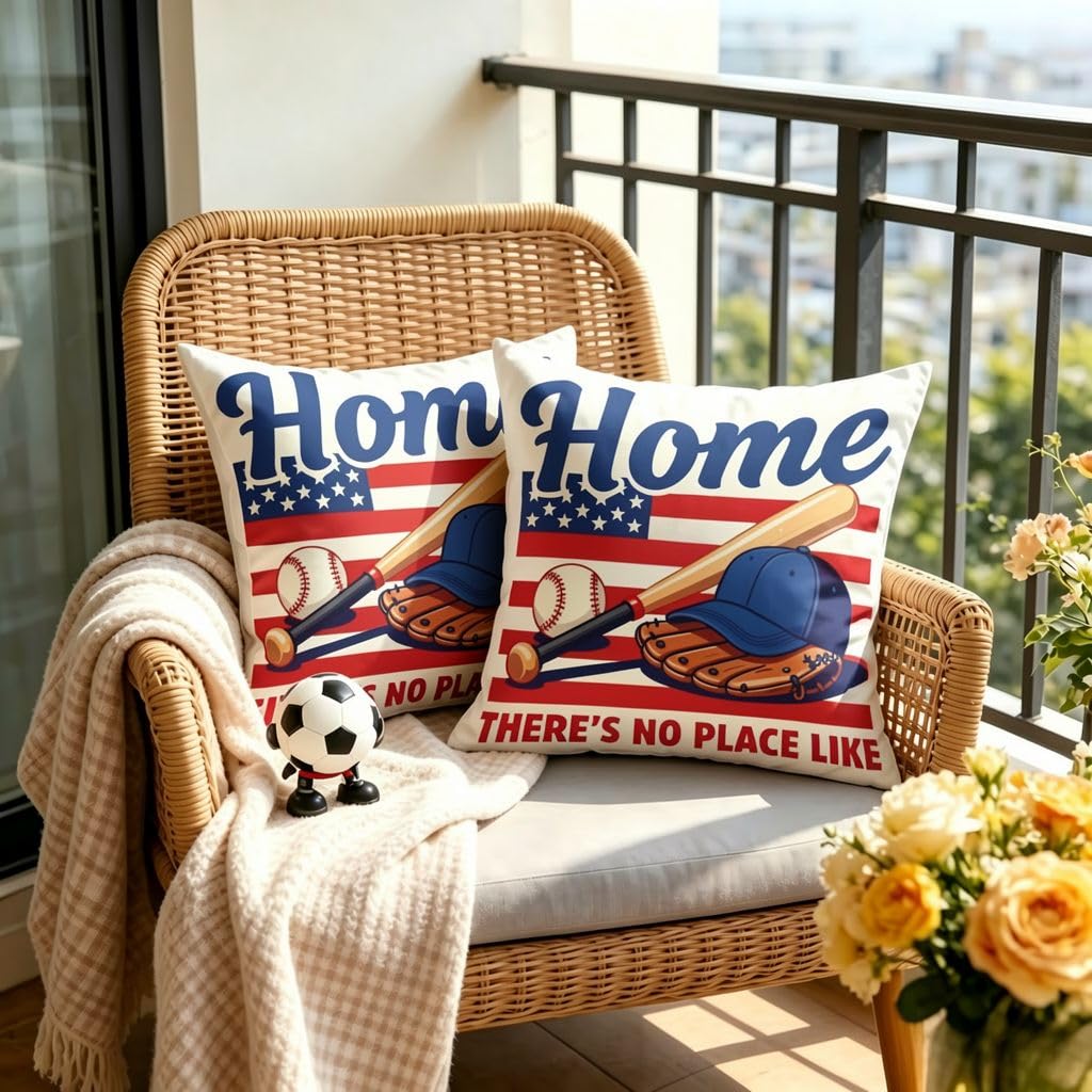 Patriotic Baseball Throw Pillow Cover, Linen Cushion Cover-18x18