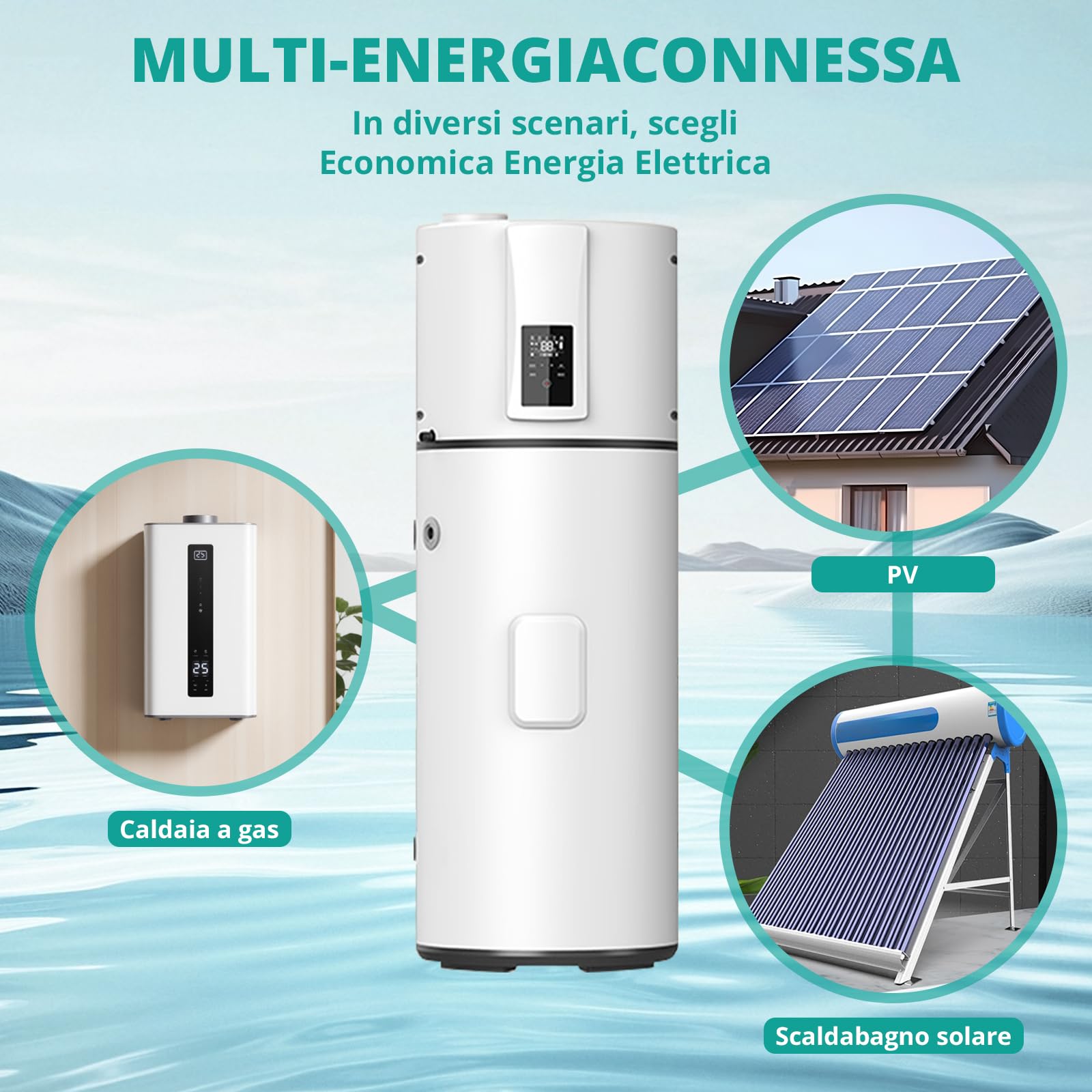 Pompa di calore verticale 240 L, R290 Pompa di calore ad aria per ville, alberghi, case vacanze, commerciali ed esterni, silenziosa 50 dB, riscaldamento rapido a 75 °C, WiFi, compatibile con solare