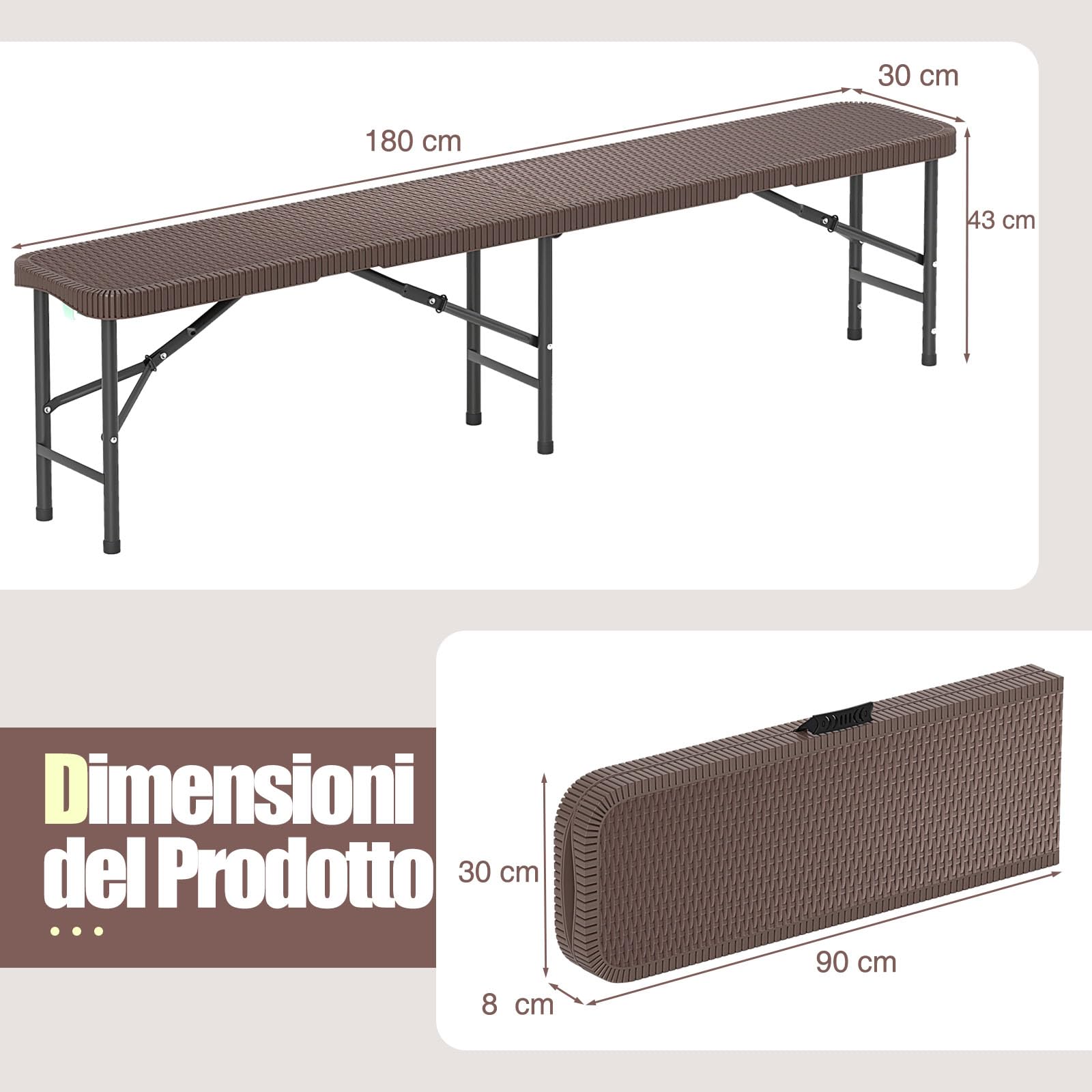 COSTWAY Panca da Giardino 180 cm, Panca Pieghevole da Picnic | in HDPE, per Giardino Campeggio Festa, Portata 600 kg