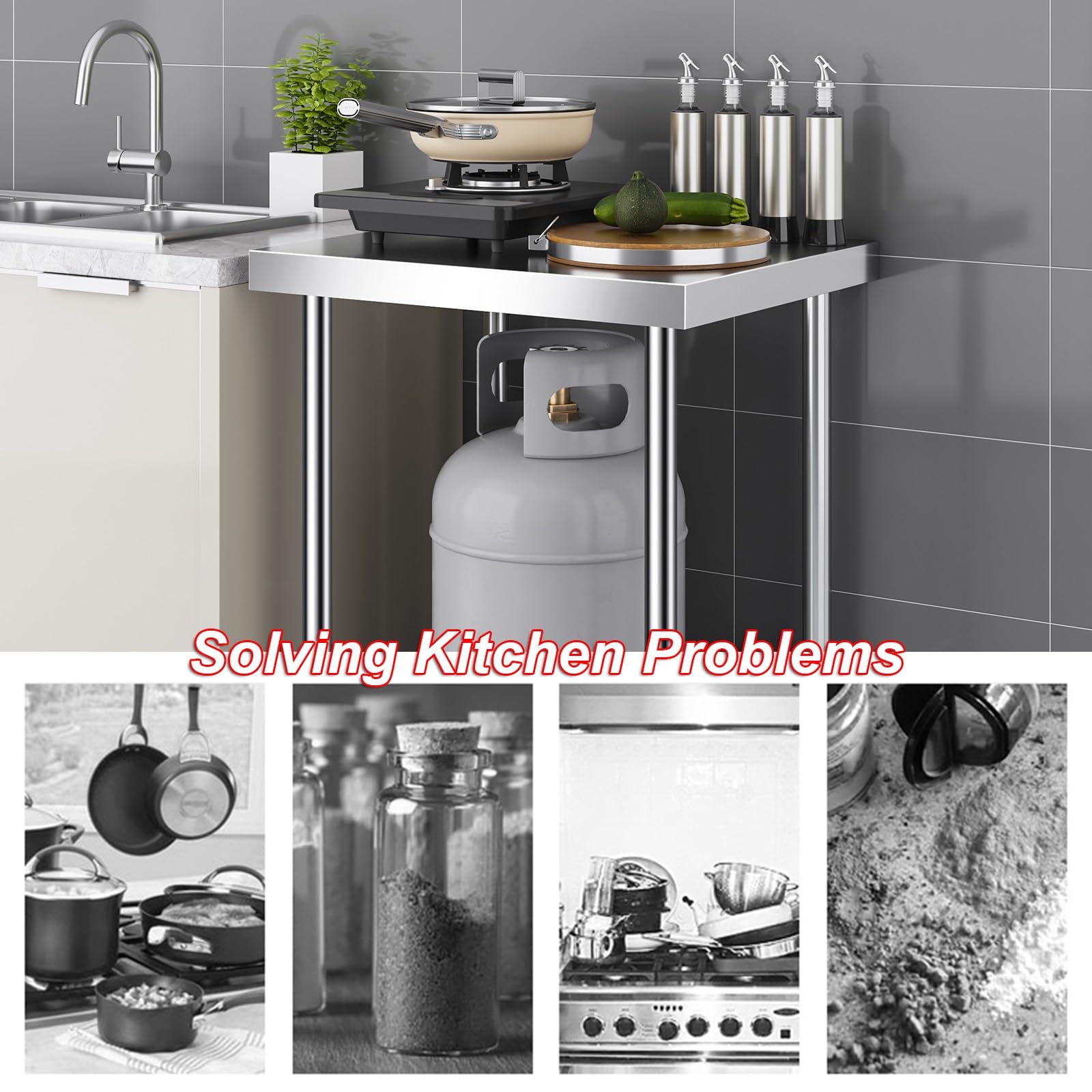 Mesa de preparación comercial de acero inoxidable, estación de trabajo de cocina resistente con amplio almacenamiento para necesidades culinarias