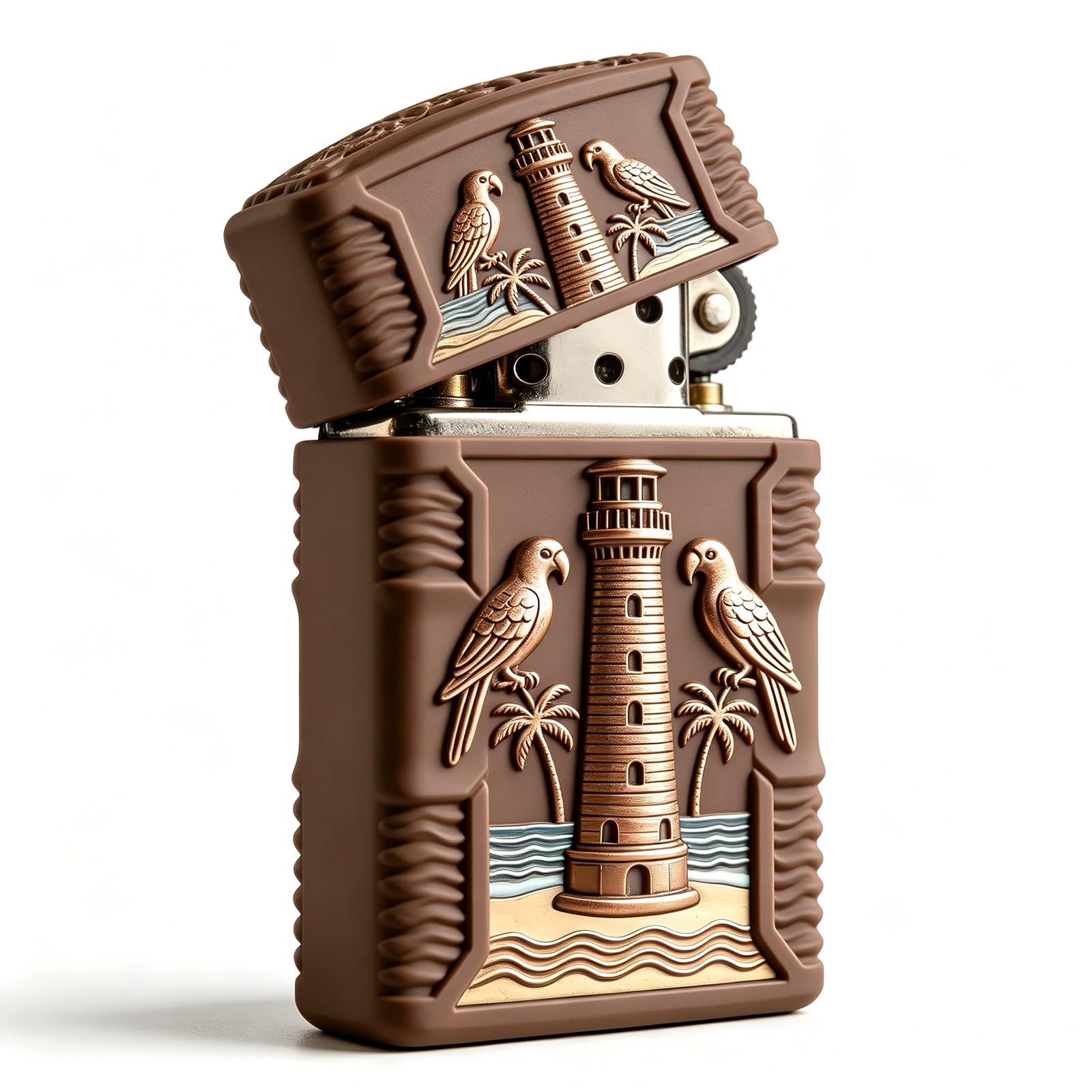 Vintage Lighthouse Parrot Carving Kerosene Lighter Windproof Reusable Wheel Grinding Open Flame Lighter for Daily Use (F)