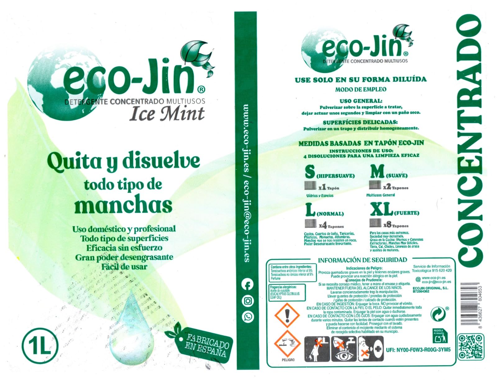 EcoJin Ice Mint 1L – Detergente Ecológico Concentrado Quitamanchas y Desengrasante Multiusos (6 unidades)