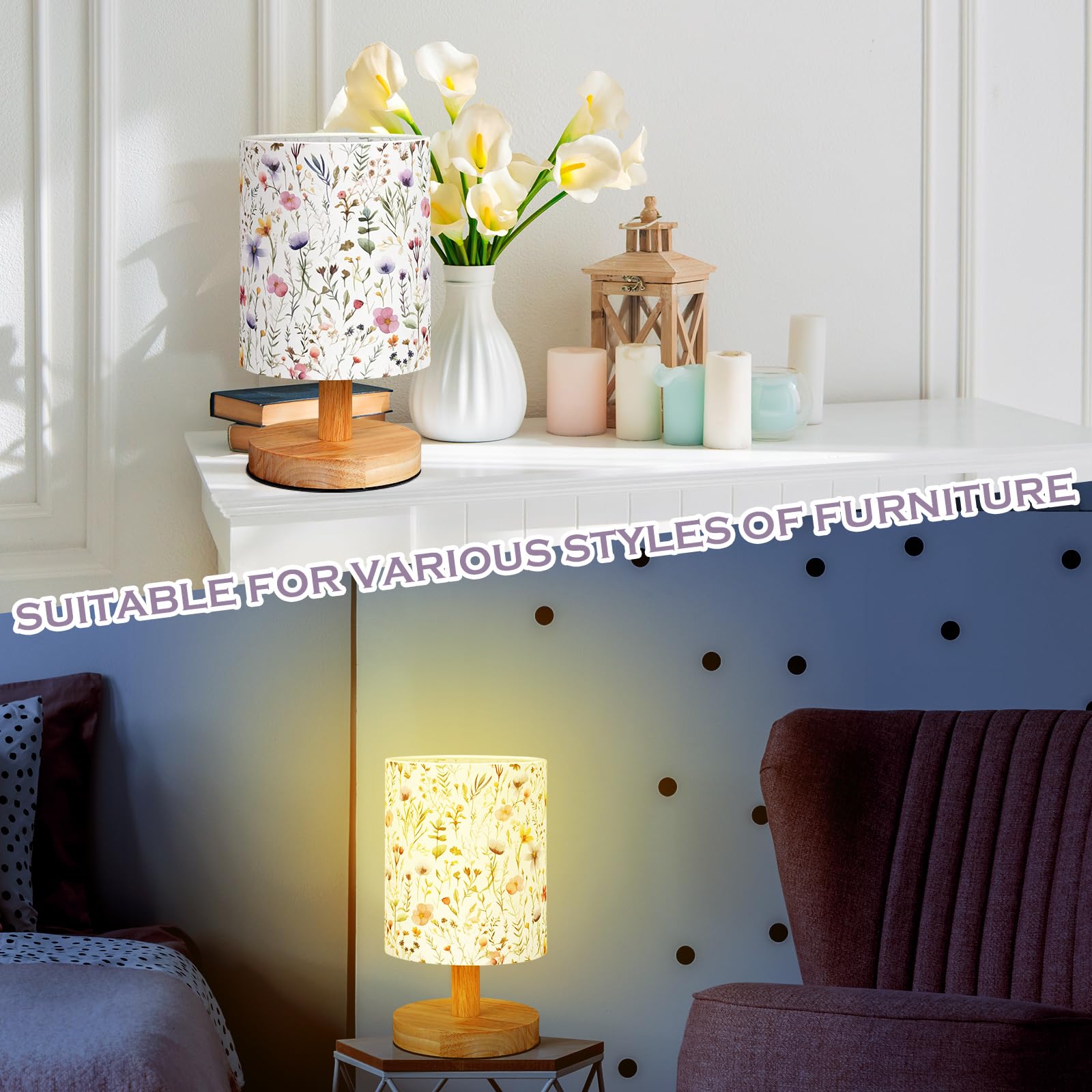 VIHOSE Wildflower dziecięca lampa stołowa do sypialni dzieci lampka nocna z lnianą drewnianą szafką nocną kreskówka przedszkole abażur dla dziewcząt chłopców salon