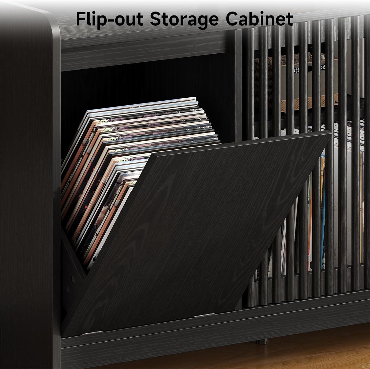 48" Record Player Stand with Flip-out Storage Cabinet, Holds 350+ Albums-Vinyl Record Table with Sliding Door & Adjustable Shelf, Modern Turntable Stand with Charging Station for Living Room Bedroom