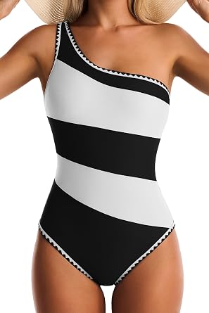 One Shoulder One Piece Swimsuit for Women Tummy Control Bathing Suit Color Block Swim Suit Shell Stitched Swimwear