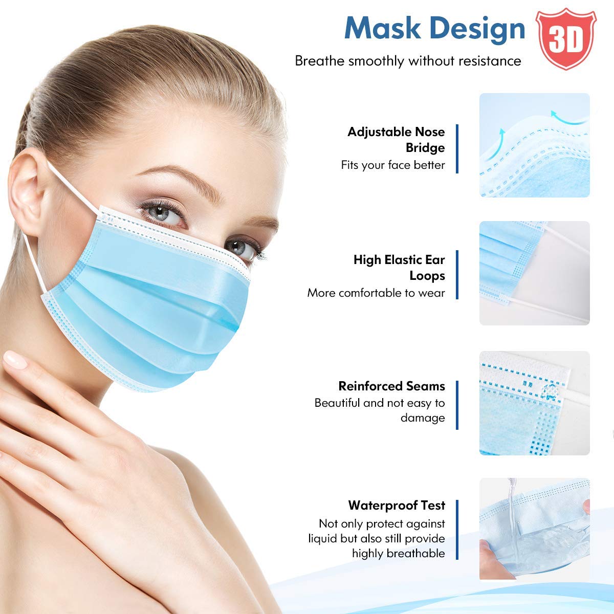 NUVO MEDSURG Melt-Blown 4 Ply Disposable Face Mask Pack of 100 - Blue Breathable Protection for Men & Women, Unisex Adult Masks with Elastic Earloop and Nose Clip for Pollution Shield 1