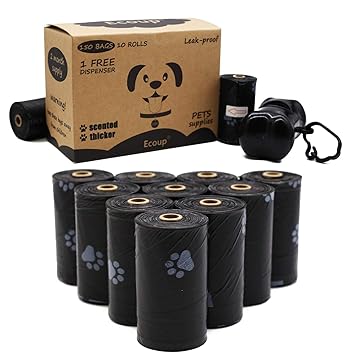 Ecoup 150 Counts 10 Rolls Scented Thicker Pet Dog Waste Poop Bag Black Color Free Dispenser