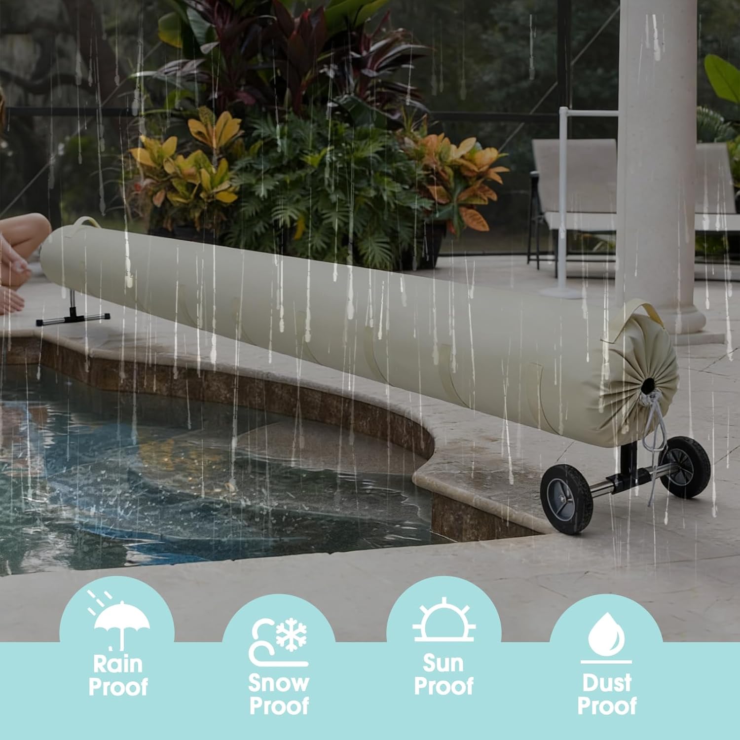 UCEDER Pool Solar Reel Cover with Adjustable Strap, Waterproof Cover for Solar Blanket, 420D Heavy Duty Swimming Solar Reel Storage for Above Ground & Inground Pool (Beige, 18 FT)