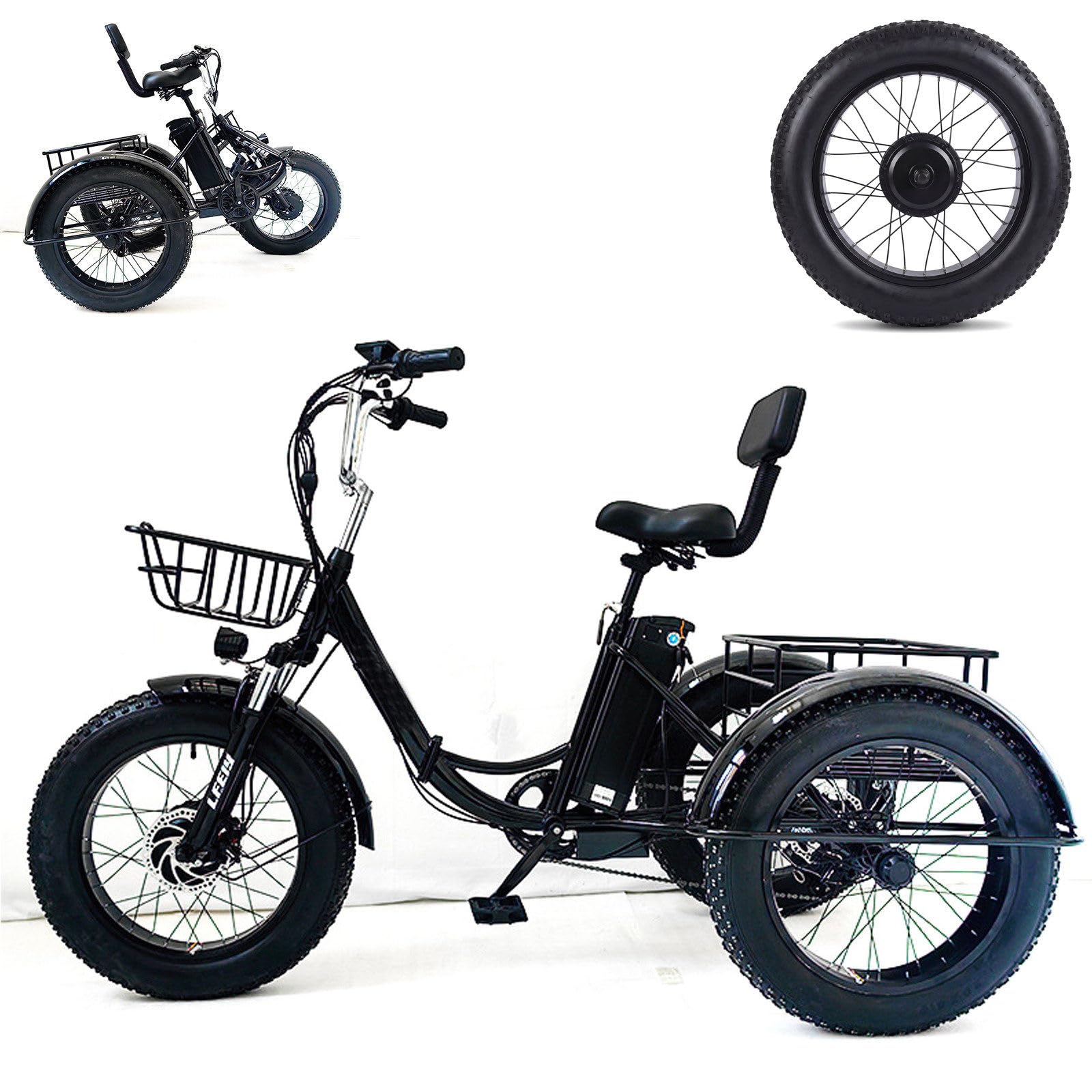 Bici Elettrica da Carico con Pneumatici Larghi da 20'' 150 kg Altezza Regolabile con Carrello della Spesa con Cestino per Anziani, Esercizio, Shopping, Corse comode
