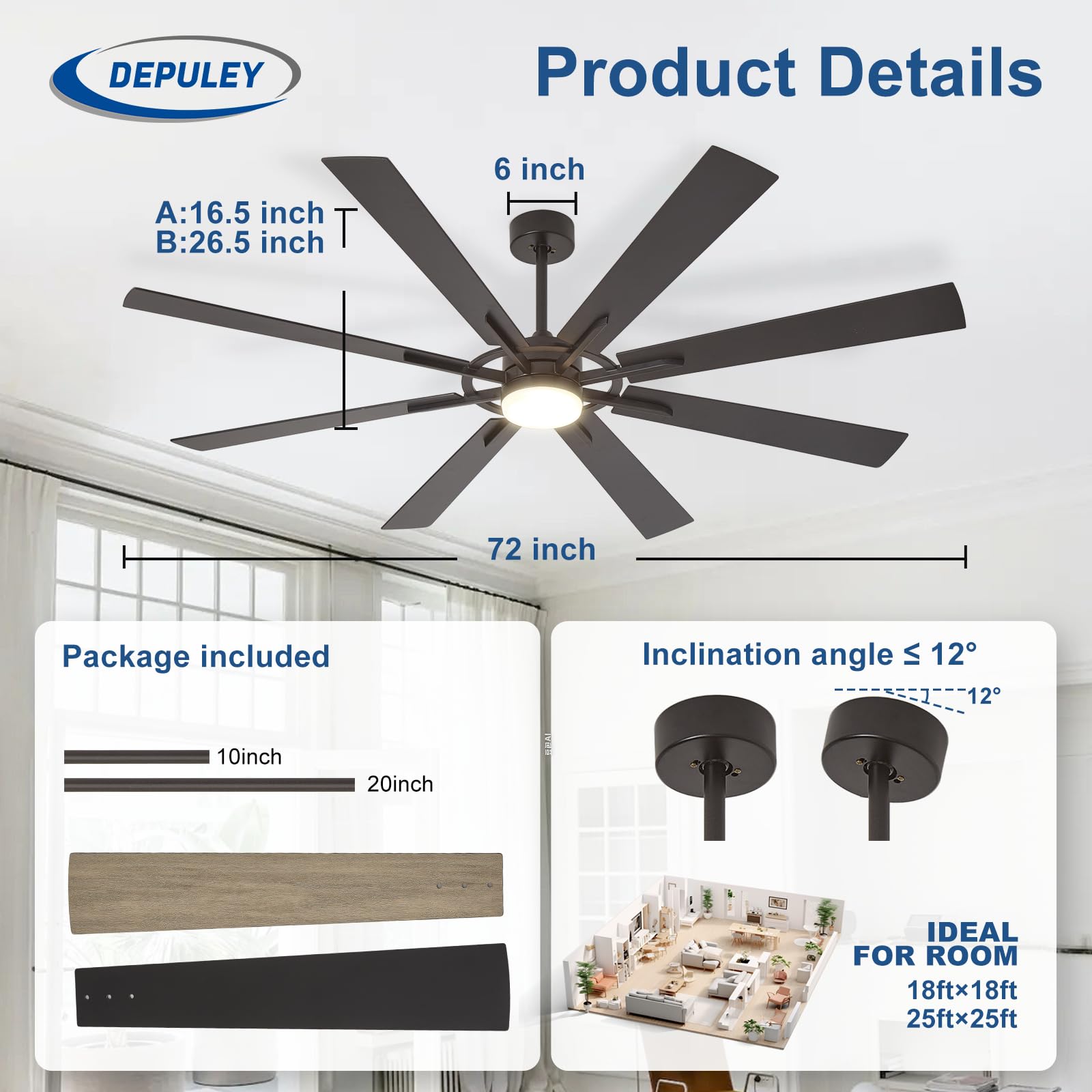 Depuley Ventiladores de techo grandes con luz: Ventilador de techo moderno de 72 pulgadas y 8 aspas para exteriores con mando a distancia - Luz regulable para ventilador grande negro