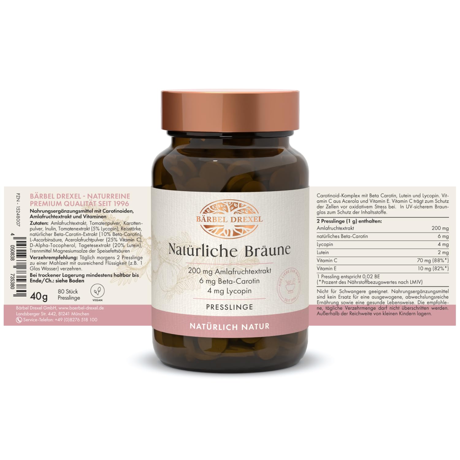 BÄRBEL DREXEL Natürliche Bräune mit Beta-Carotin Hochdosiert + Carotinoid-Vitaminen (80 Stk) Unterstützen die Bräunungsfähigkeit des Körpers, Vegan, Bräunungskapseln ohne unerwünschte Zusätze