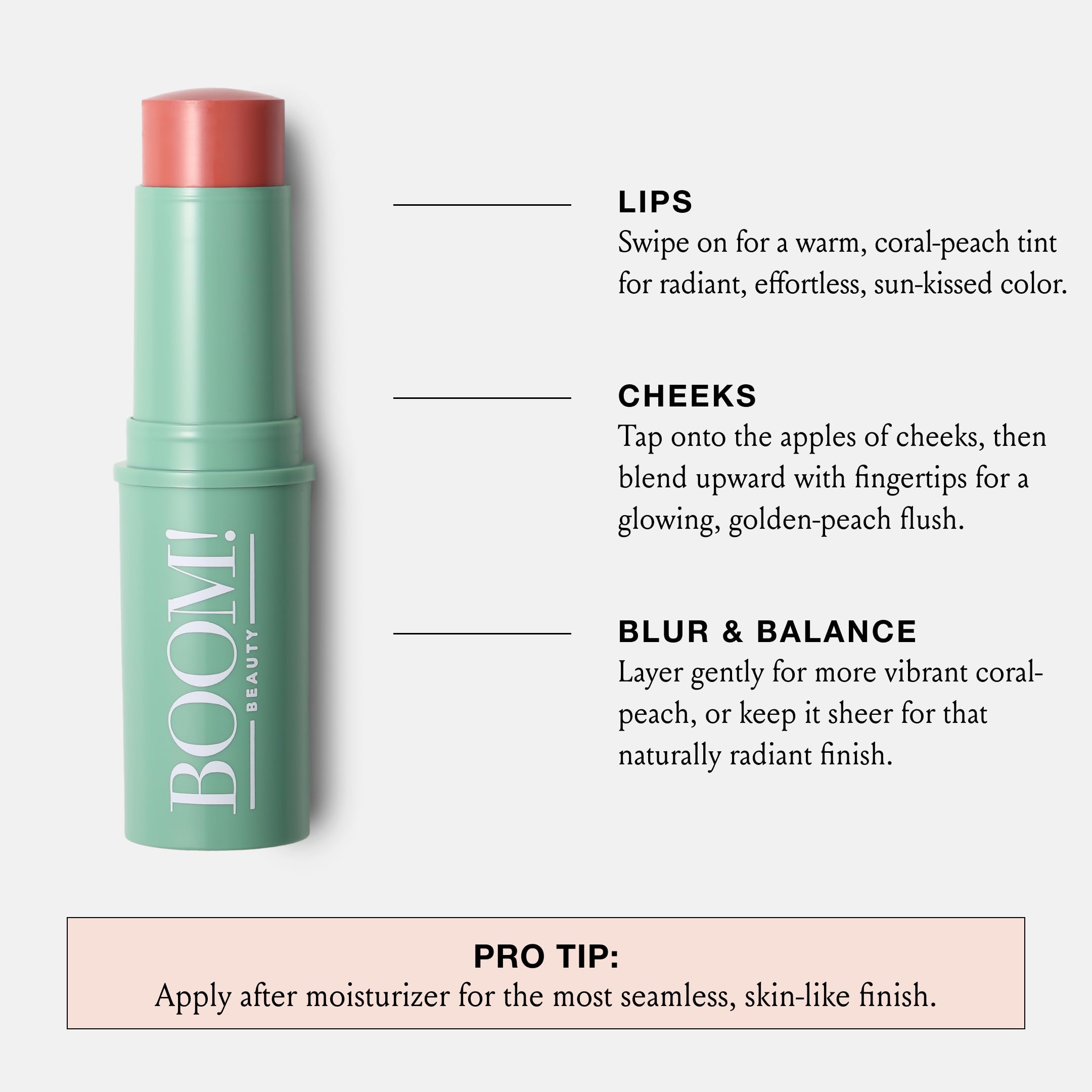 BOOM! by Cindy Joseph Boomstick Golden Peach, 3-in-1 Creme Blush Stick für Augen, Lippen & Wangen, langanhaltende, mischbare & aufbaubare Farbe für reife Haut, vegan & tierversuchsfrei