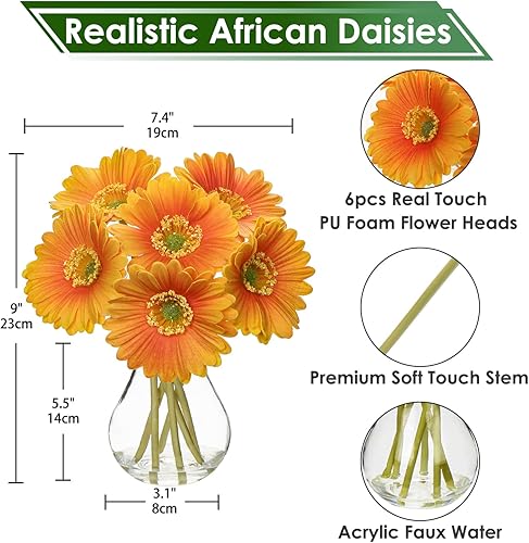 Miniatura 8 de Briful Gerbera Daisy - Flores artificiales de seda realistas en jarrón de cristal con agua falsa, flores falsas amarillas otoñales con tallo para