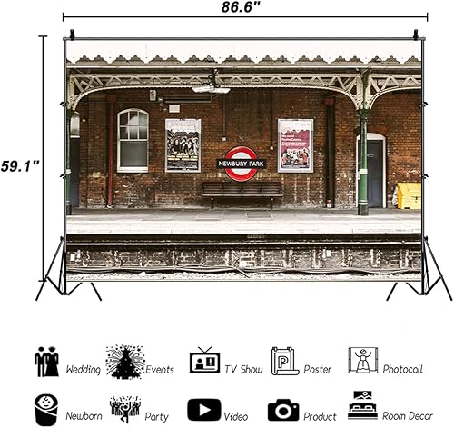 Miniatura 5 de AOFOTO Telón de fondo de estación de tren de 7 x 5 pies, plataforma ferroviaria, pared de ladrillo antiguo, banco nostálgico, fotografía, fondo de