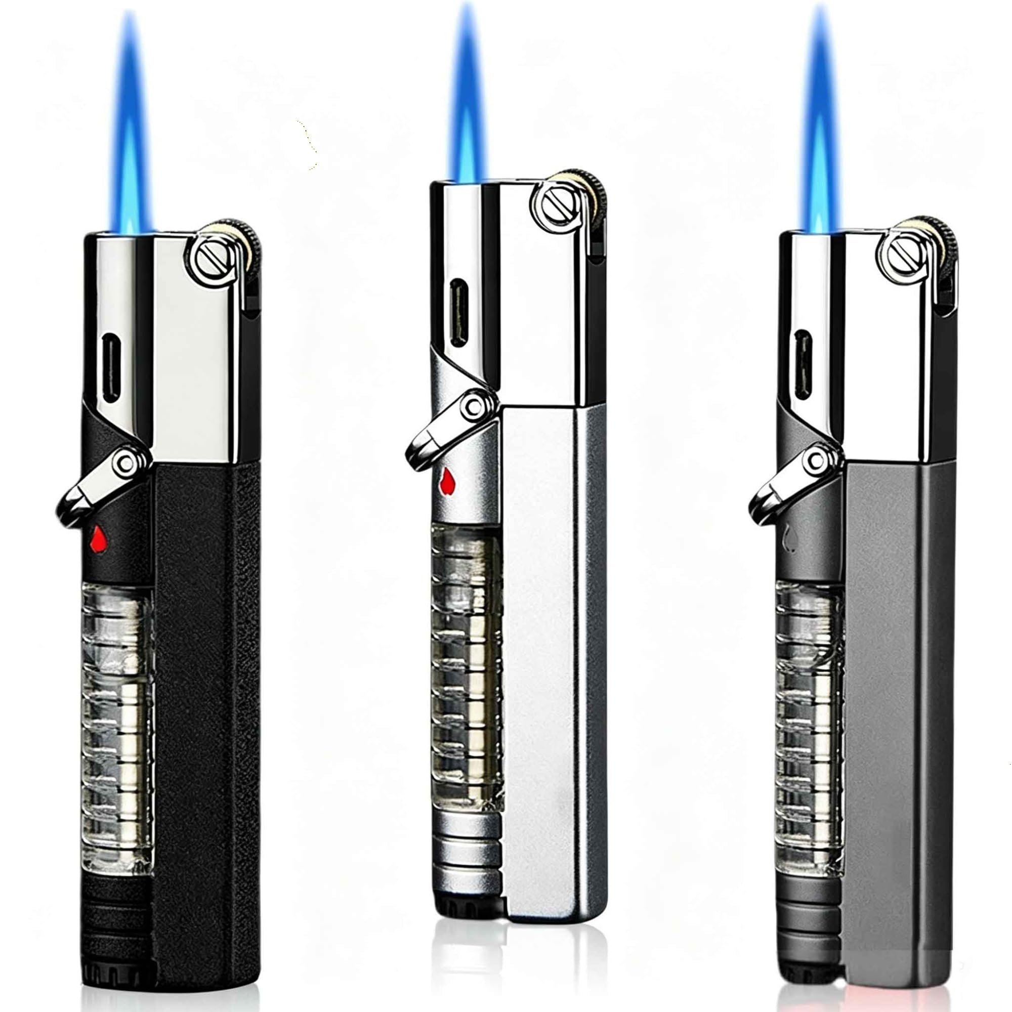 Encendedor de butano con llama ajustable y ventana de gas visible para camping
