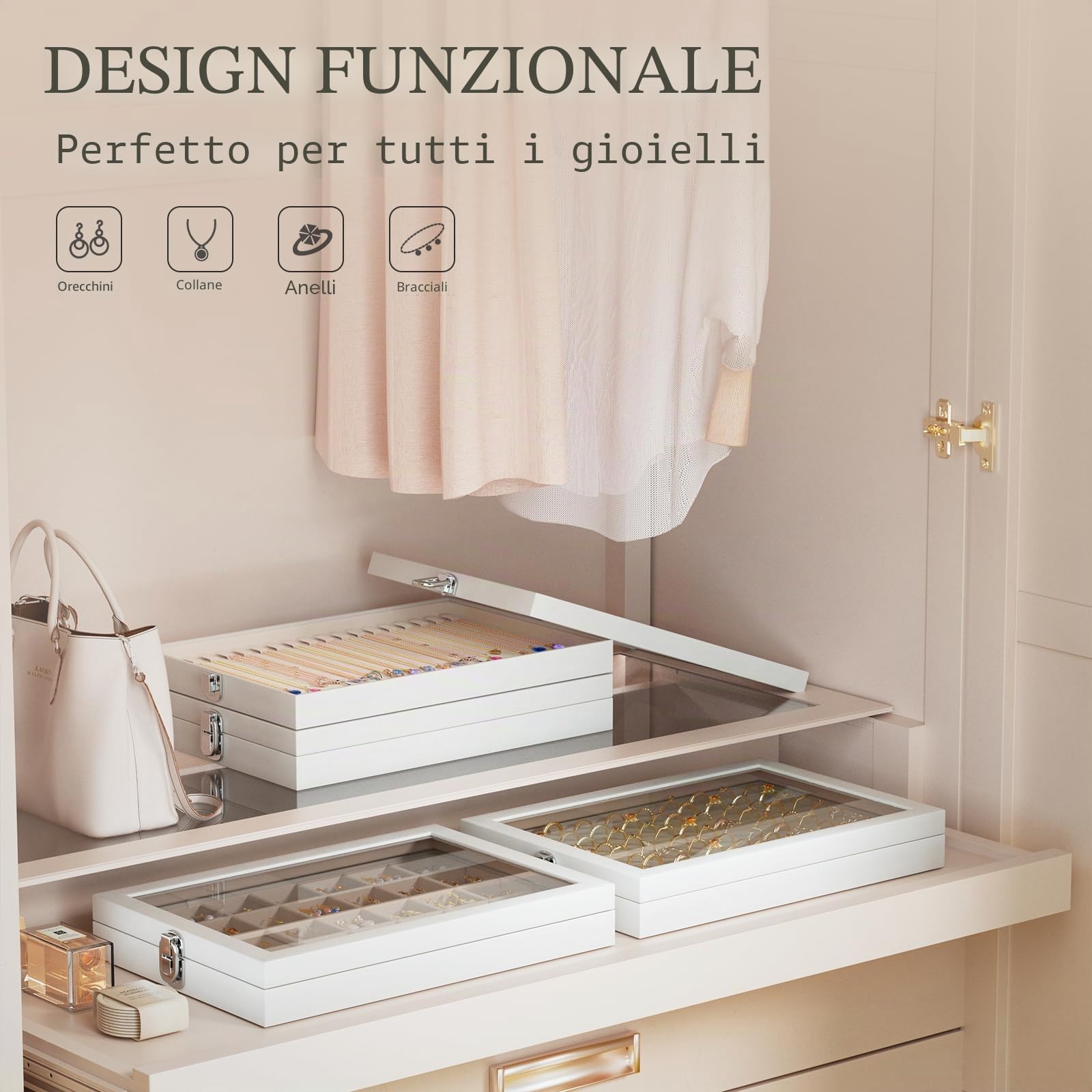 Lolalet Porta Anelli da Cassetto con Coperchio, Espositore Anelli 100 Grids Organizer Gioielli -Beige