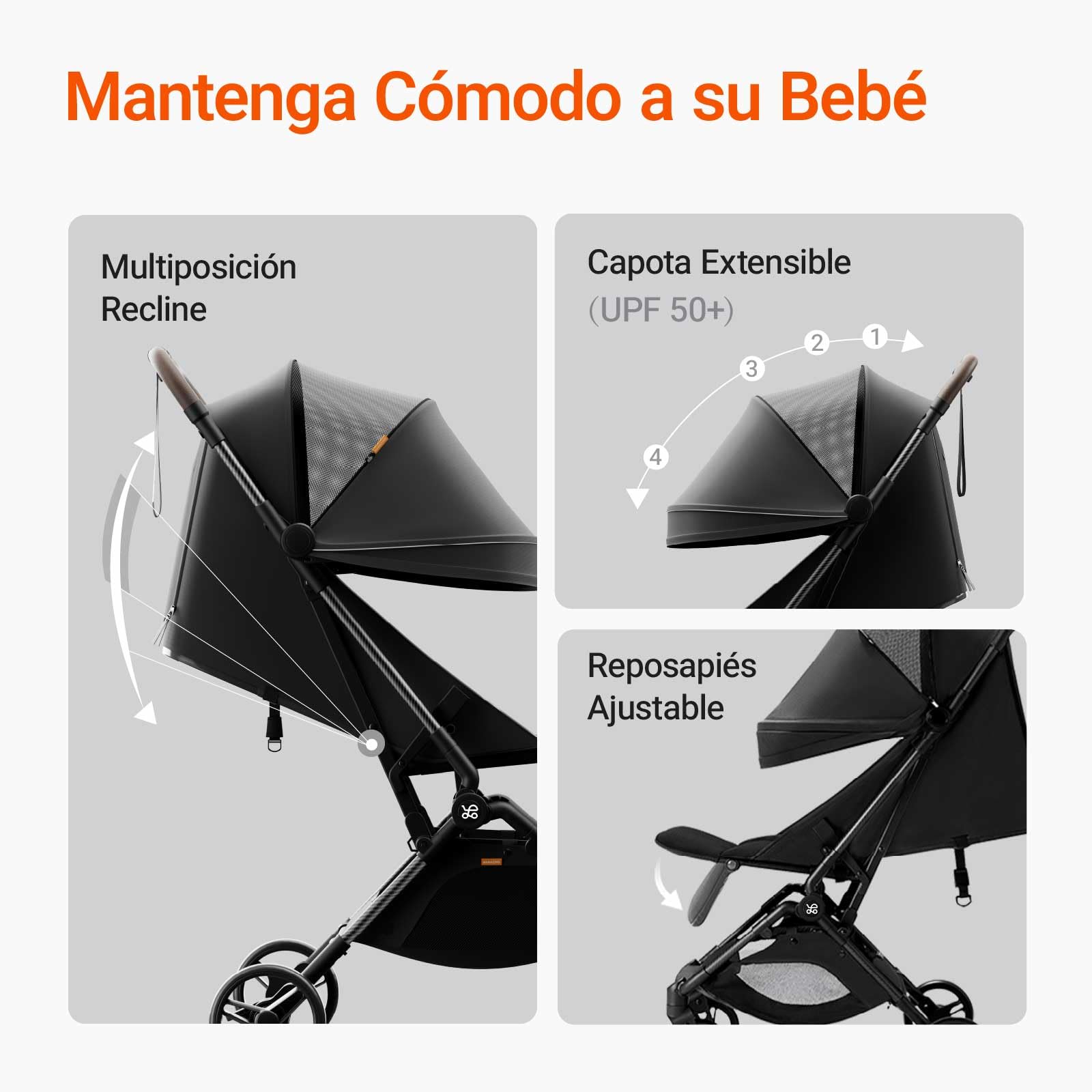 MAMAZING Silla de Paseo Ligera de Fibra de Carbono para Bebés 6M-3 Años (hasta 15kg),Compacta y Plegable con una Mano para Viajar,Carrito de Bebé para Avión como Equipaje de Mano,Peso 5.26kg (Negro)