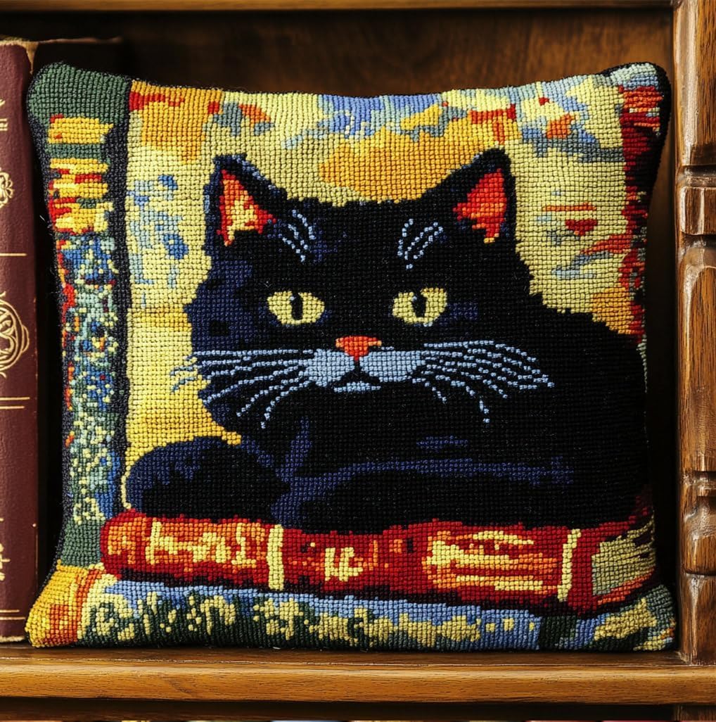 FWRTYCB Latch Hook Pillow Kit,The Cat in The Book DIY Needlework Pillow Co