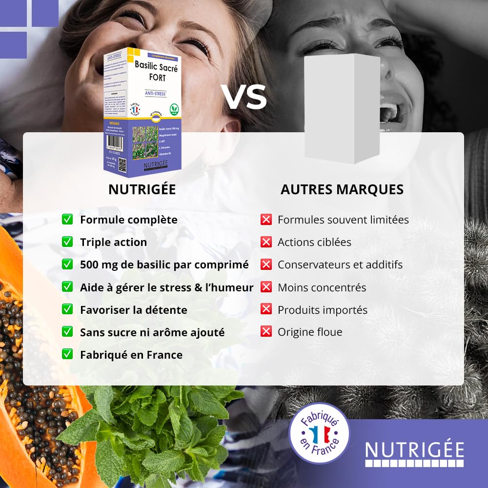 NUTRIGÉE - Basilic Sacré Fort - Équilibre - Anti-Stress - Bien-Être - Régule L'Humeur, Agit Contre Le Stress, Réduit La Fatigue - 2 Prises/Jour - 60 Comprimés - Programme 30 Jours - Fabriqué en France