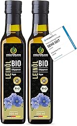 Kräuterland Bio Leinöl 2X250ml (500ml), Bio Leinsamen, kaltgepresst, mild & nussig, reich an Lignane und Omega 3-6-9 Fettsäuren, naturrein ohne Zusatzstoffe, glasflasche, mühlenfrisch