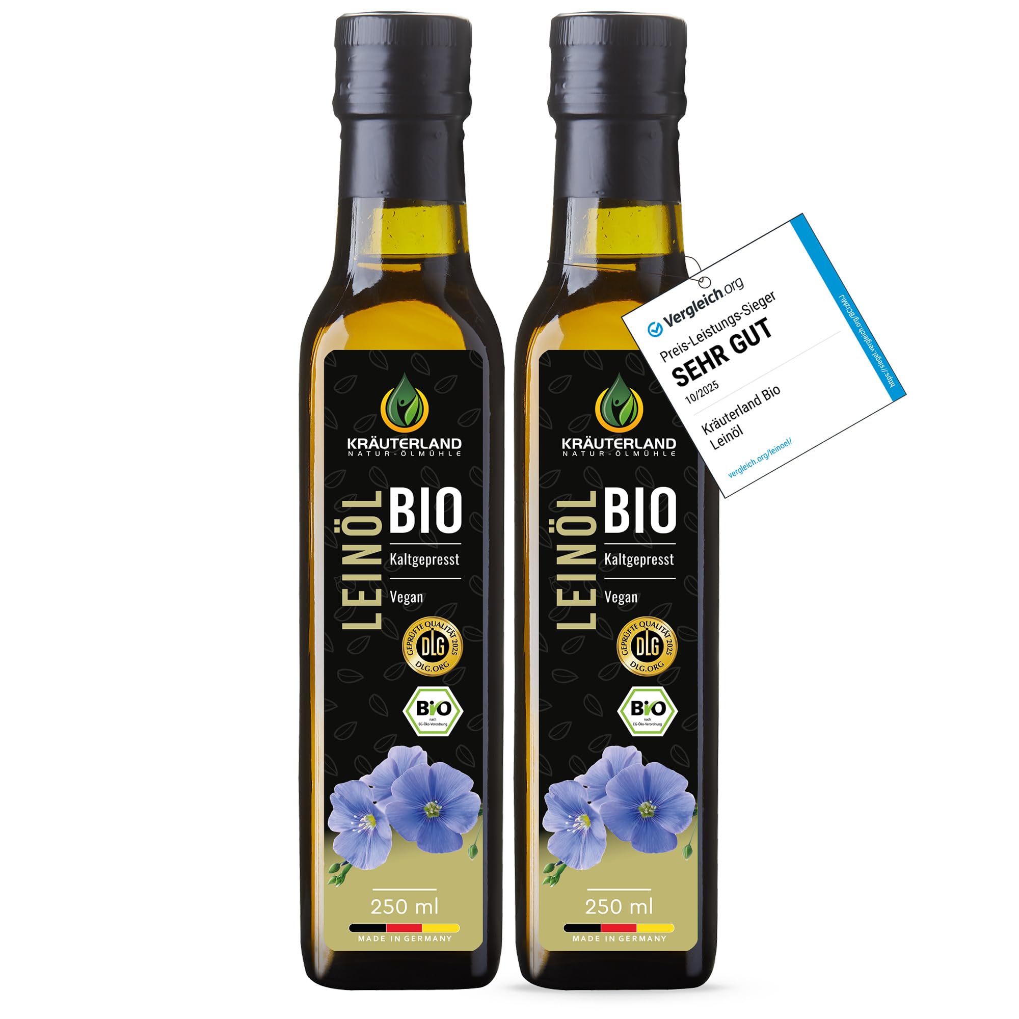 Kräuterland Bio Leinöl 2X250ml (500ml), Bio Leinsamen, kaltgepresst, mild & nussig, reich an Lignane und Omega 3-6-9 Fettsäuren, naturrein ohne Zusatzstoffe, glasflasche, mühlenfrisch - 1