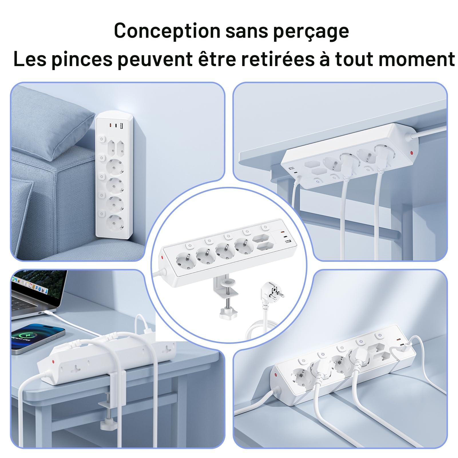 Kemelo Multiprise avec Interrupteur Individuel, 9 en 1 multiprise Plate avec 4 Sortie AC, 2 EU Ports, 3 USB Ports, pour Le Bureau, Salon, Chambre à Coucher, Cuisine, Rallonge Electrique 3M,Blanc