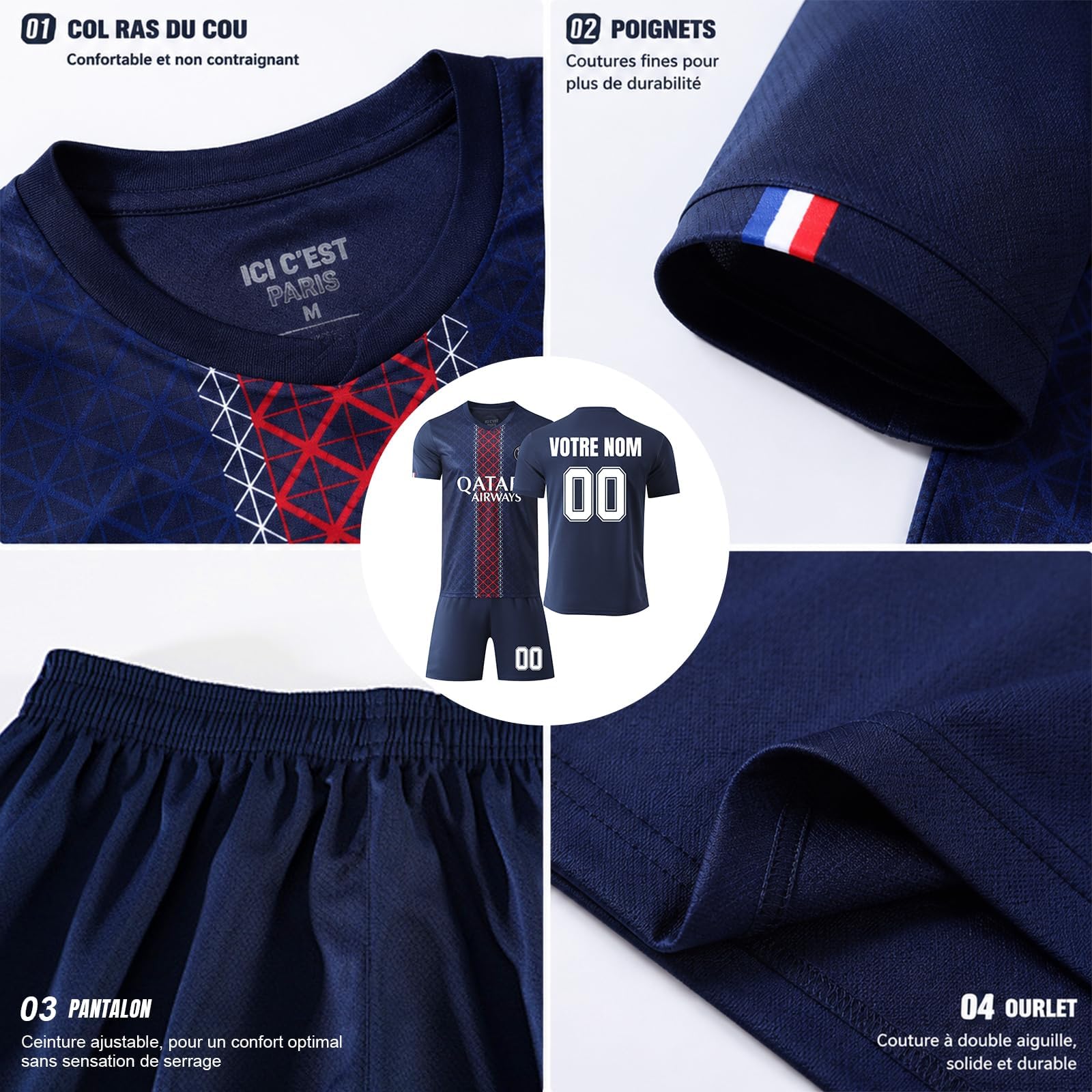 Maillot de Foot Enfant Adulte Personnalisé avec Nom et Numéro - Ensemble Jersey Domicile Extérieur avec Short et Chaussettes
