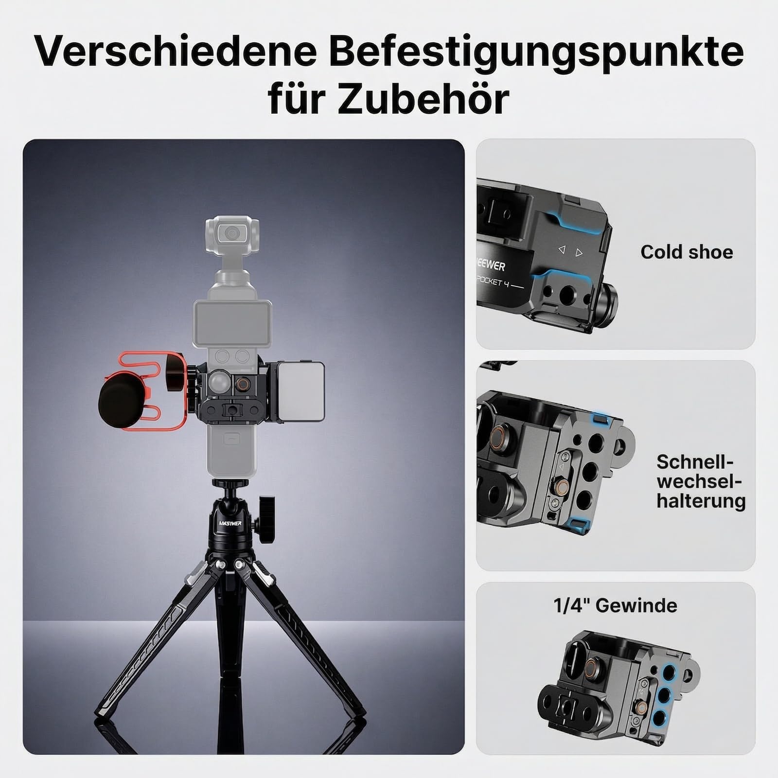 NEEWER Kamera Gimbal Käfig kompatibel mit Xtra Muse und DJI Osmo Pocket 4, schützendes Action Kamera Videostativ mit Blitzschuhadapter, Fotozubehör, Keine Montage erforderlich, AC069