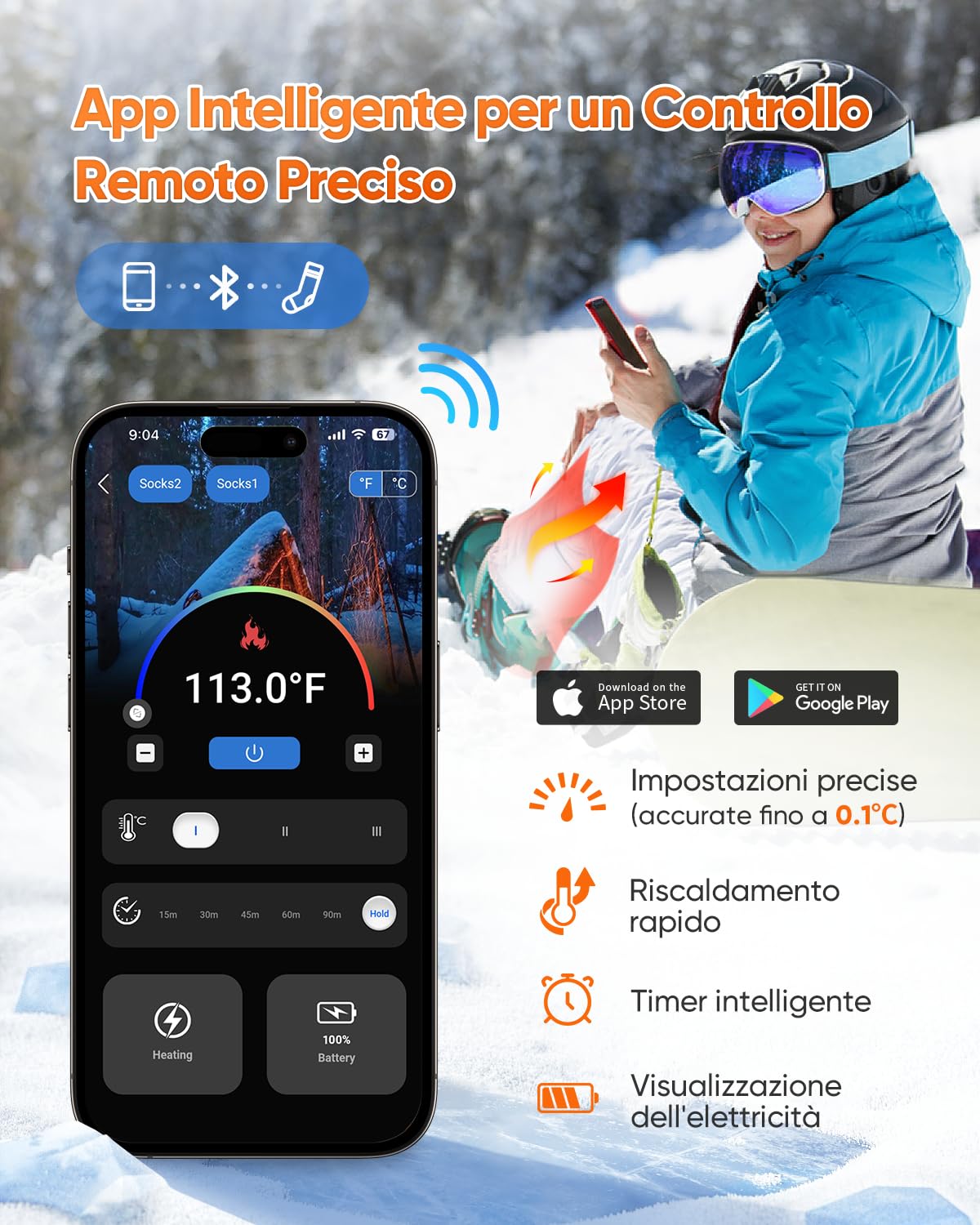 2026 Calze Riscaldate Aggiornati con Controllo APP, 5000mAh 5V Calze Riscaldanti Ricaricabili, 3 Impostazioni di Calore & Riscaldamento a 360 ° di Calzini Riscaldati Lavabili per Sci Caccia Escursioni