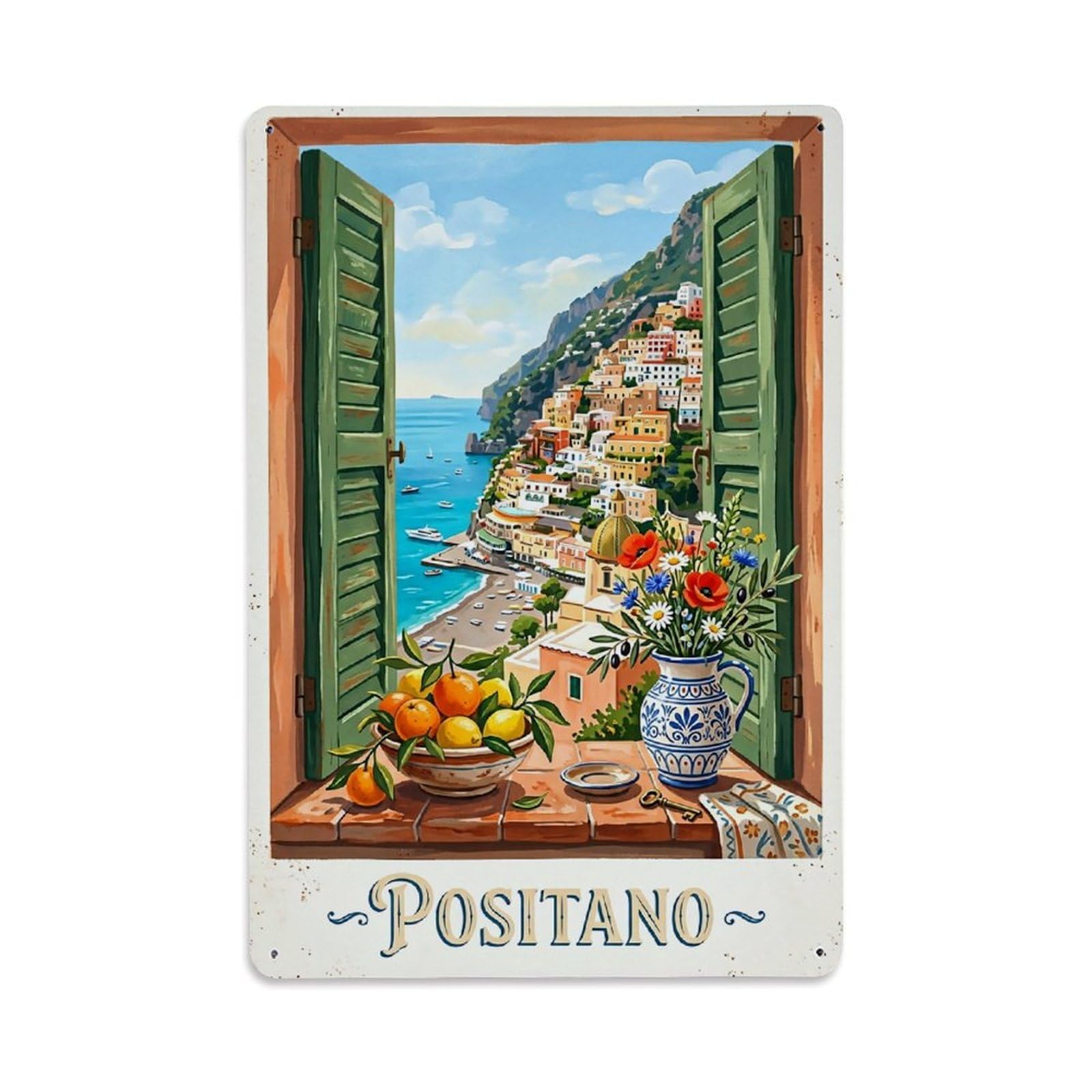 Huiyhb 8X12inch(20X30cm) Vintage Travel Positano Italy Windowsill Citrus Morning Metal Tin Sign