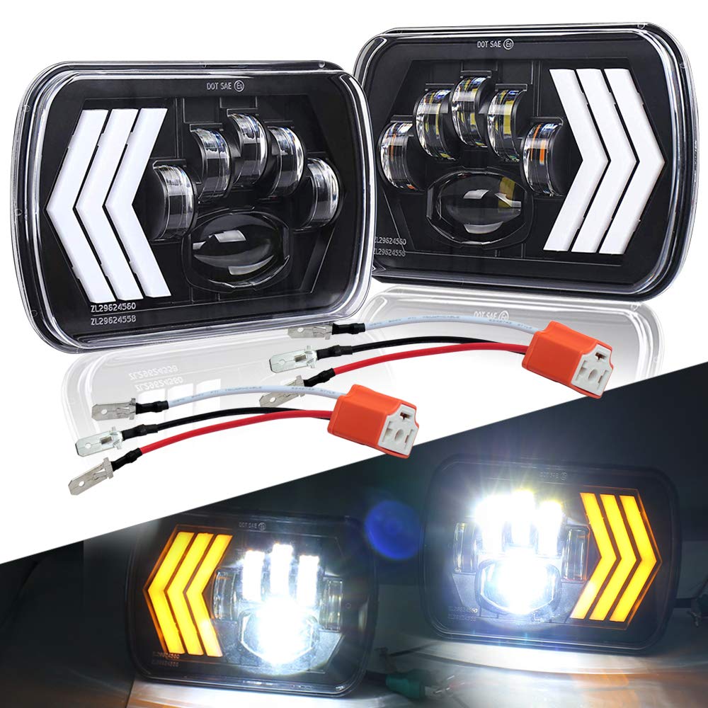 BLIAUTO 7X6 LED Headlights 5x7 Sealed Beam with White&Amber Arrow DRL Dynamic Sequential Turn Signal for Jeep Wrangler YJ Cherokee XJ H5054 H6054LL 6052 6053(2PCS)