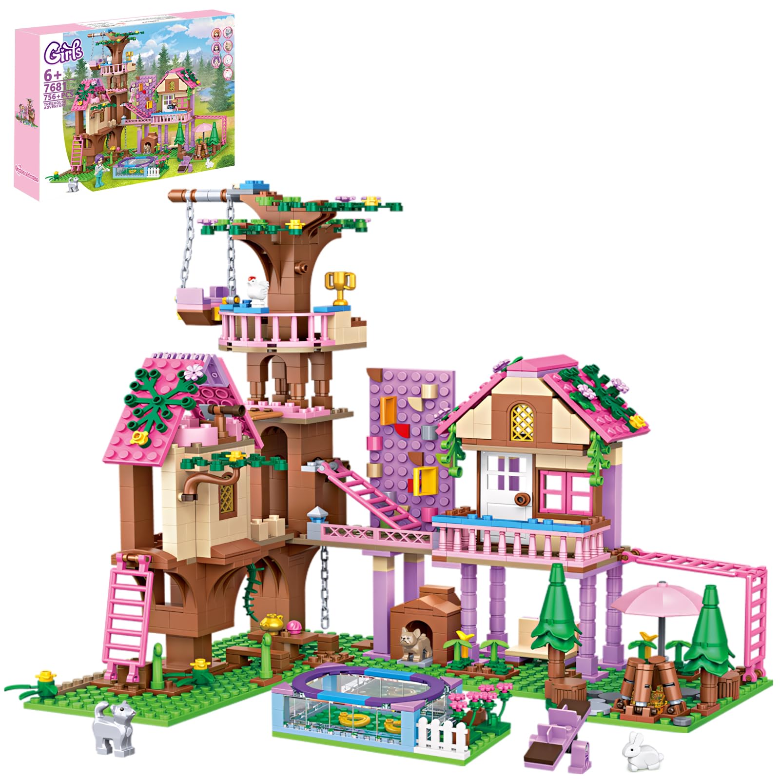 Myth Qholve Treehouse Adventure Building Block Set Creative Playhouse Kit with Pool Pets Fun Construction Toy for Kids Teens