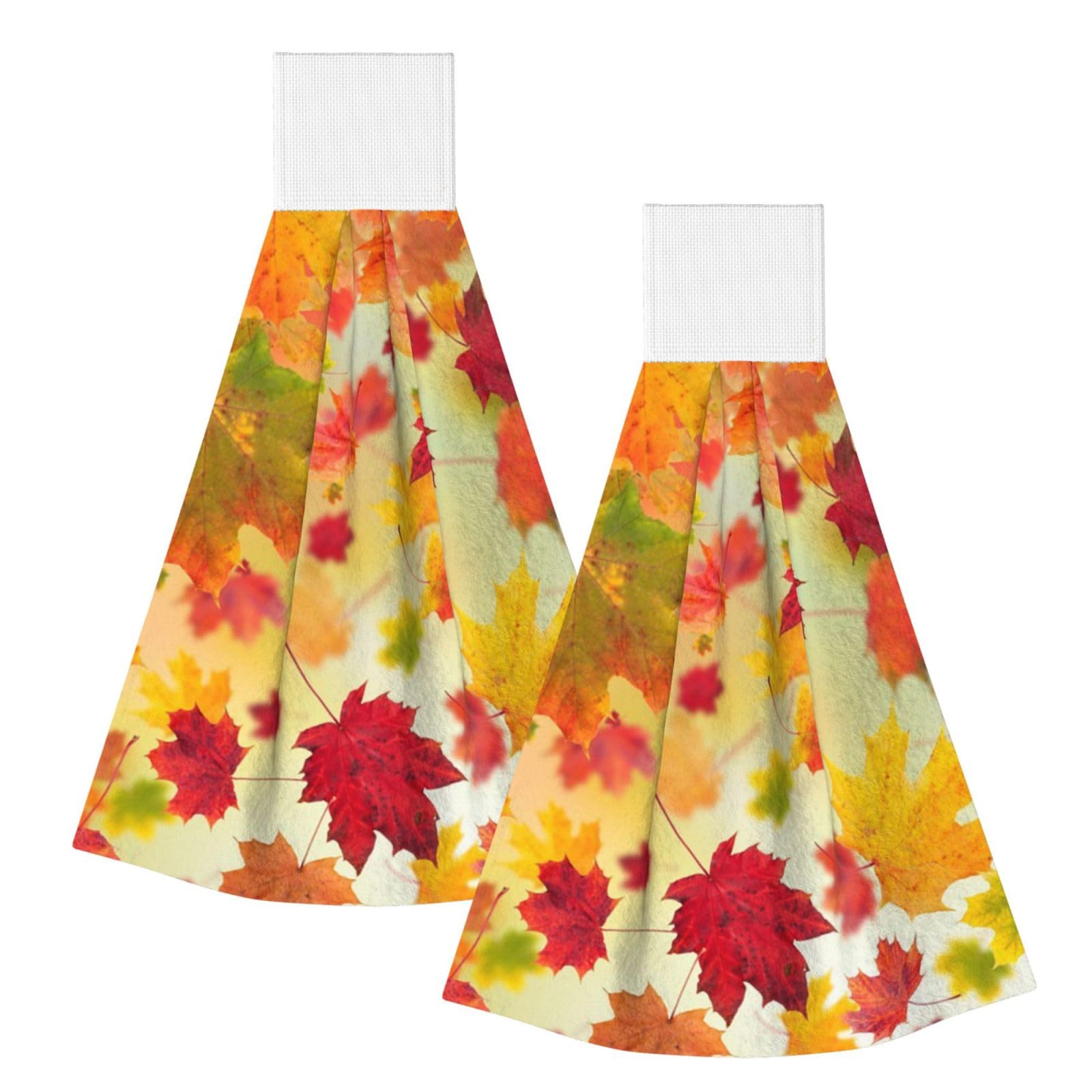 DOPKLNA Autumn Maple Leaves Falling Golden Leaf Harvest Orange Red Yellow, 2 Pcs Hanging Coral Fiber Hand Towels for Bathroom, Absorbent Kitchen Towels