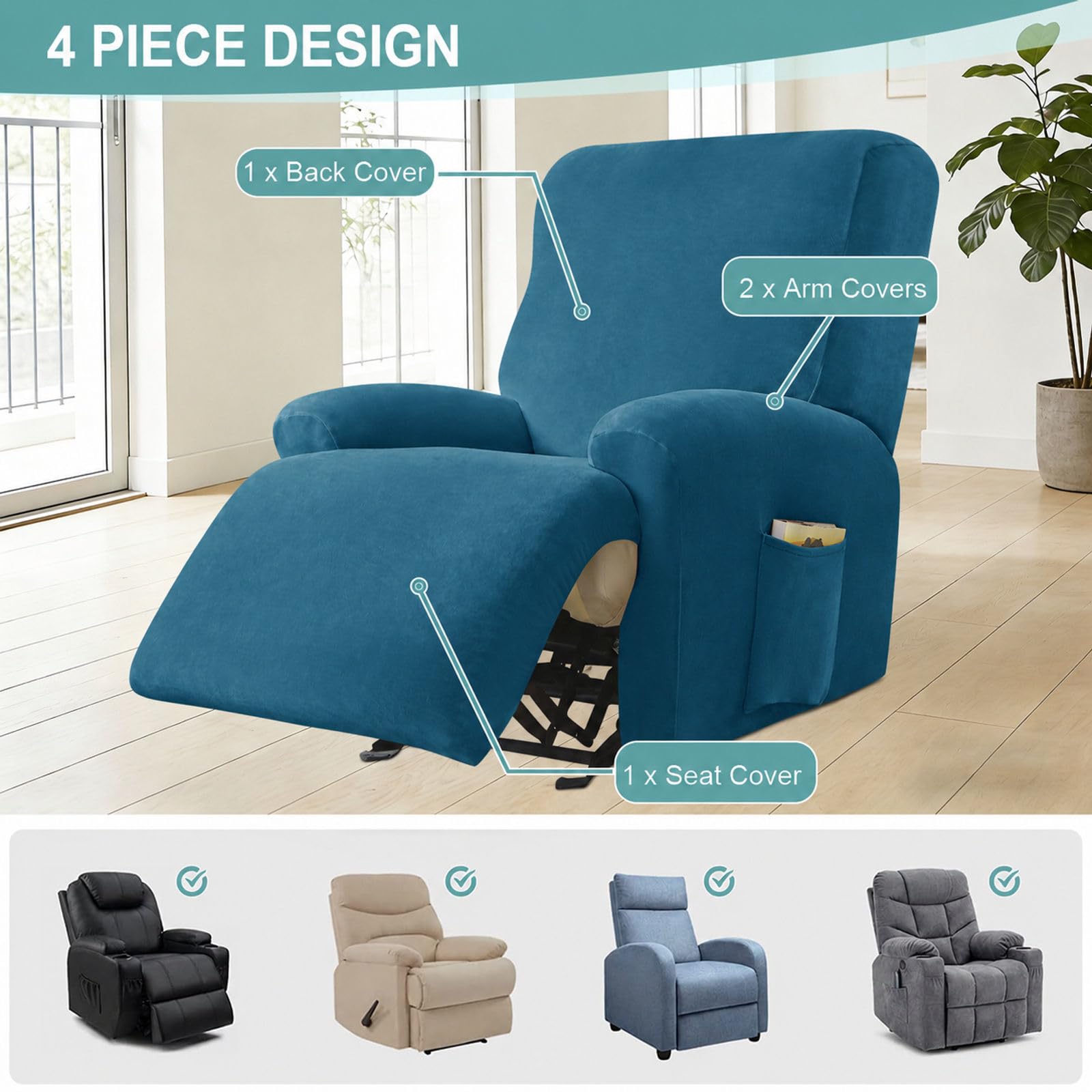Copripoltrona Relax Reclinabile Universale-blu pavone-1 posto | Velluto Copridivano Reclinabile Elasticizzato Con tasche Antiscivolo Lavabile Per Cani Gatti bambini
