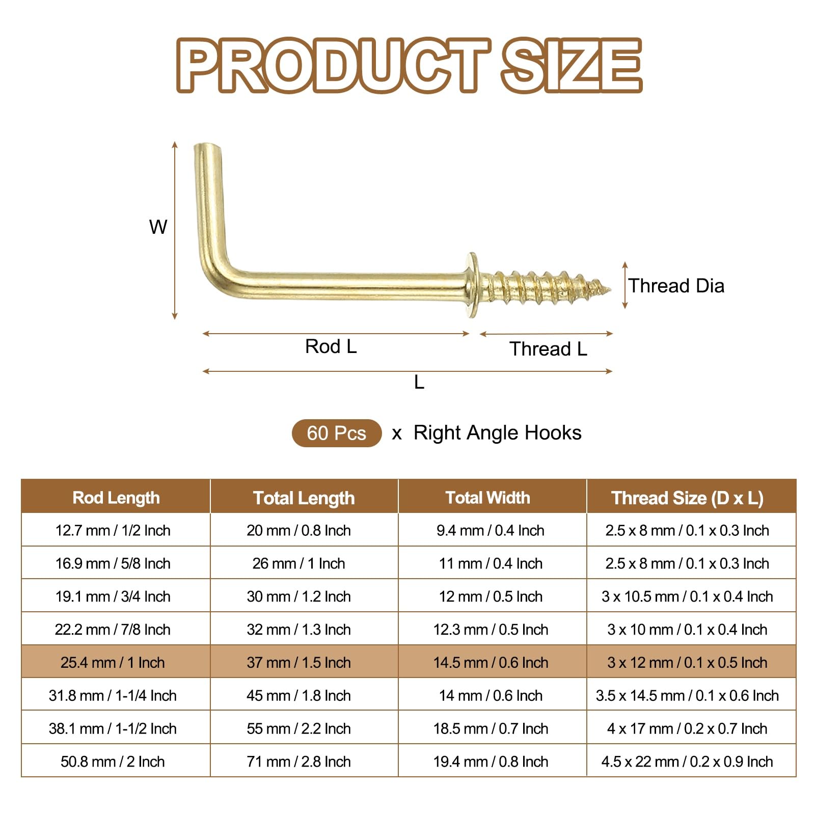 YELARXI L-Shape Screw Hooks Brass Plated Steel 7 Shape Right Angle Medal Hooks - Image 2