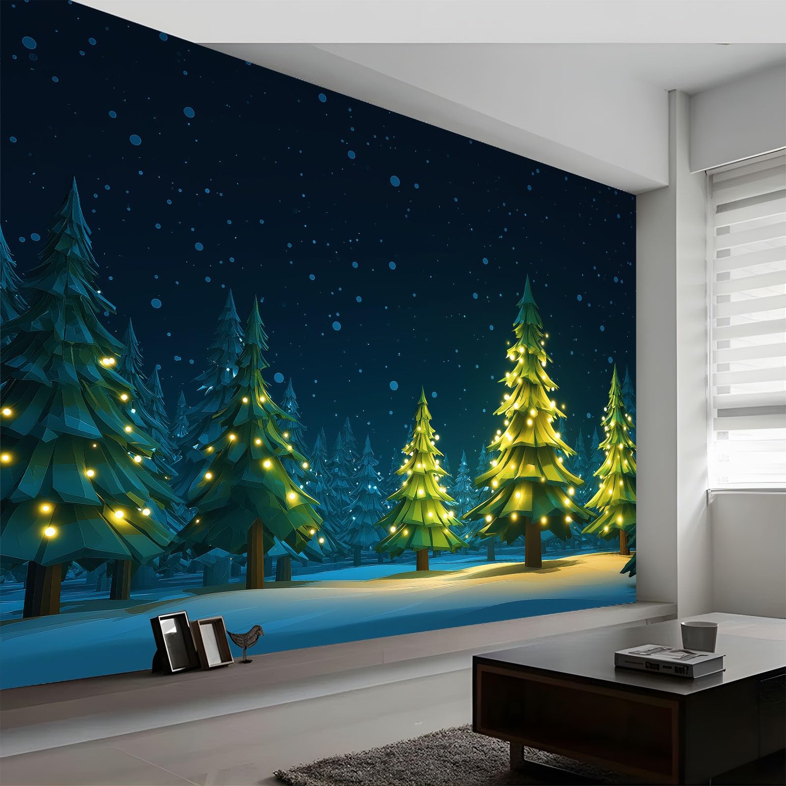 Panoramiczna tapeta krajobraz śnieżny las brzozowy zielony las, nowoczesne zdjęcie ścienne 250 x 175 cm - tapeta dekoracja domu z kreskówek do salonu pokoju dziecięcego biura