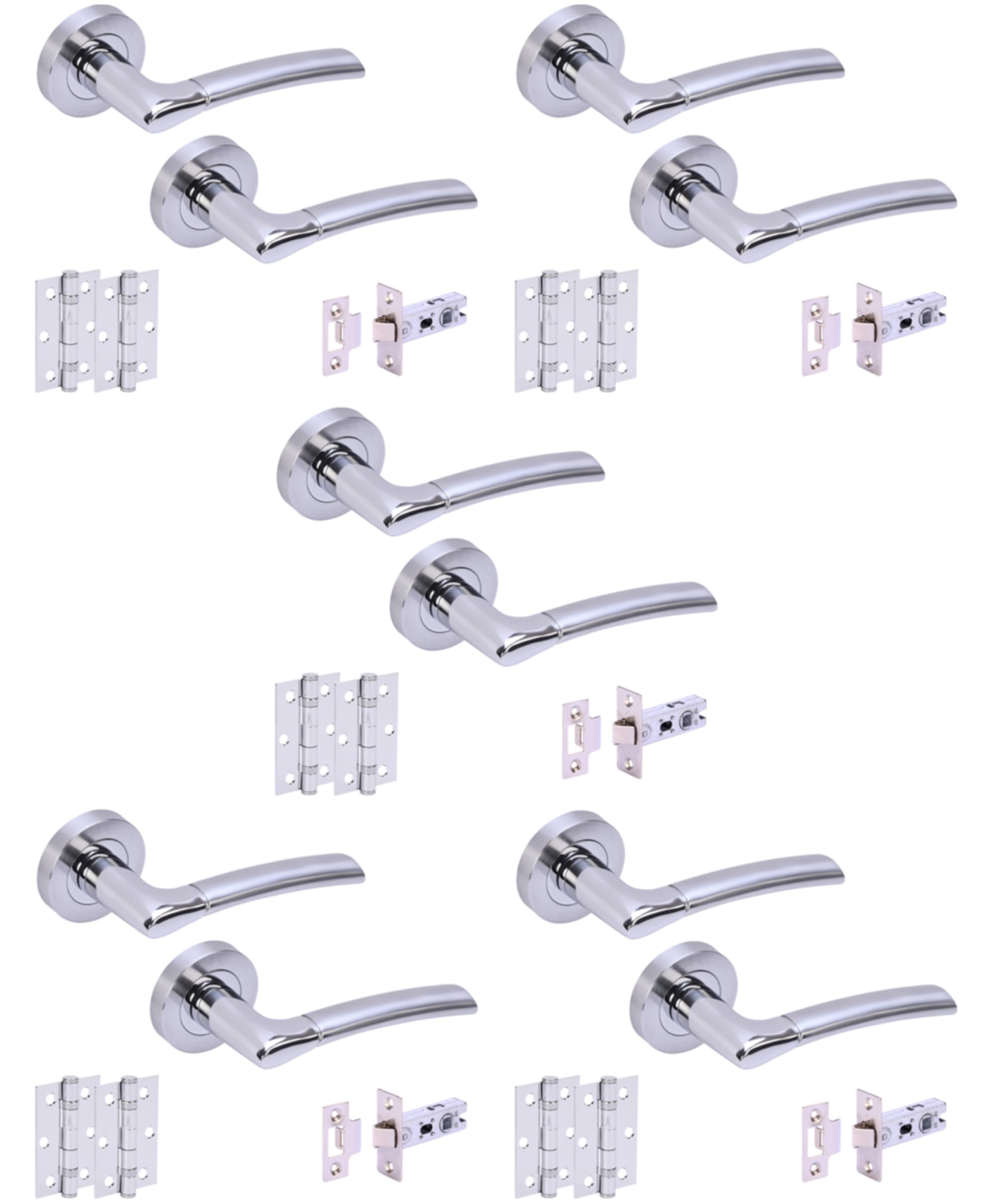 Hunta Polished Chrome / Satin Chrome Handlezone® 5 Sets Columba Premium Internal Door Handles On Rose Lever Latch Packs With 75Mm Ball Bearing Hinges And 65Mm Latches - Dual Polished/Satin Chrome