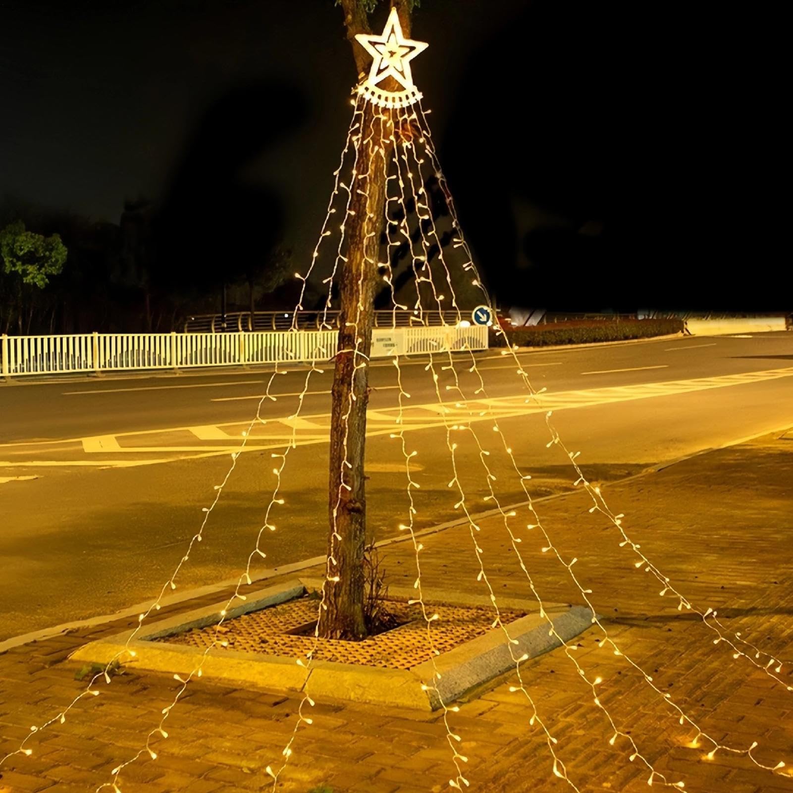 Luces Solares De Navidad Impermeables LED Con Temporizador Remoto | Cadena De Luces LED De Árbol De Navidad En Cascada para Jardín Césped Senda Patio Porche Árbol Boda