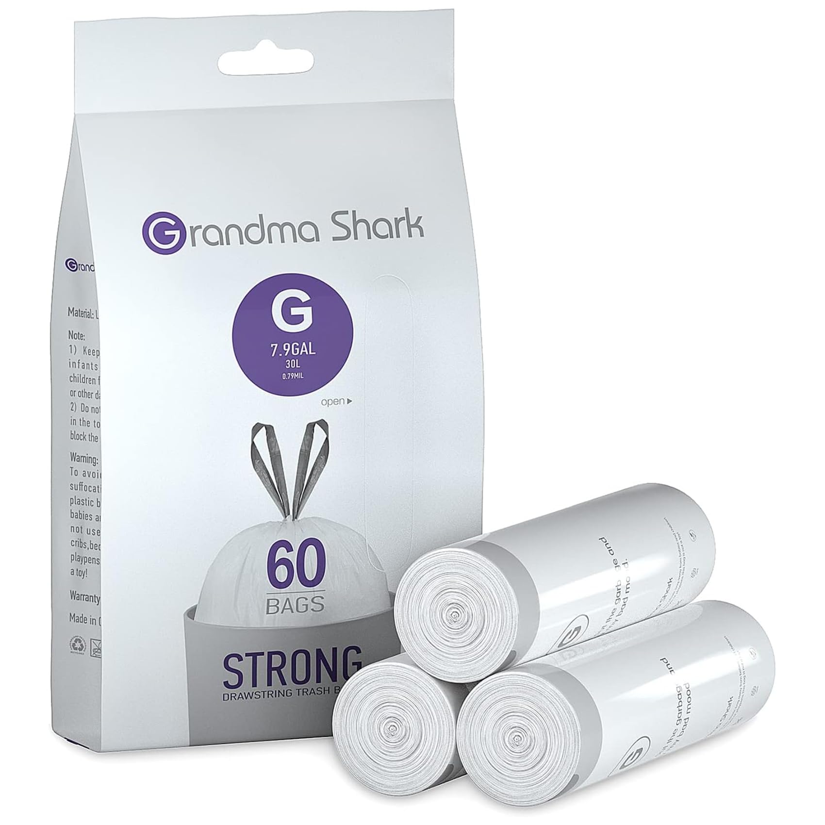 GRANDMA SHARK 30L UP TO 35L Bin Bags Liners Drawstring Trash Bag, Handle Waste Bags, 60 Garbage Bag, Super Strong, Anti-drip Unscented, 64 × 58 cm