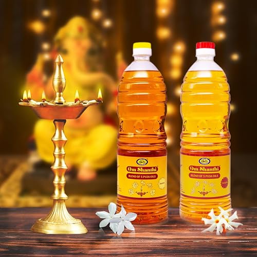 Cycle Pure Om Shanthi Puja Oil | Smokeless Oil for Puja, Festivals, Havan | Til Oil for Puja | Blend of 5 Puja Oils with Jasmine & Parijata Fragrance | Daily Puja Items | Pack of 2 (1 Litre/pack)