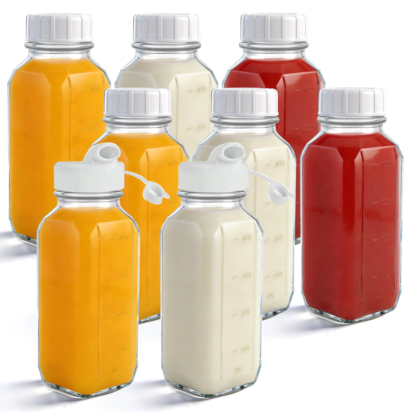 Ghligna 8 Pack Glass Bottles with Lids 500ml/16oz - Glass Juice Bottles with Lid, Milk Storage Bottle with Pour Spout, Reusable Water Bottle Smoothie Bottle for Fridge