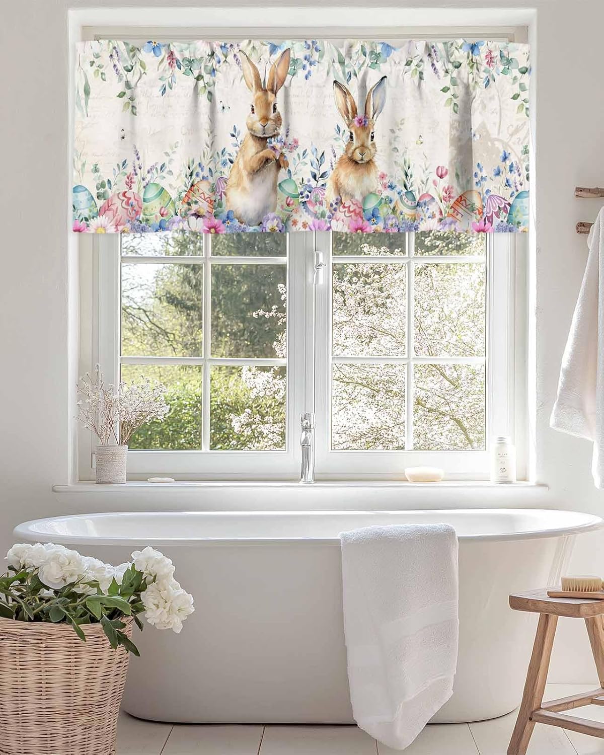Easter Bunny Window Valance Curtains Easter Rabbit Eggs Spring Flowers Eucalyptus Retro Chicken Valance Tier Curtain Rod Pocket Valance for Kitchen/Bedroom/Living Room/Bathroom, 1 Panel, 60x18 Inch