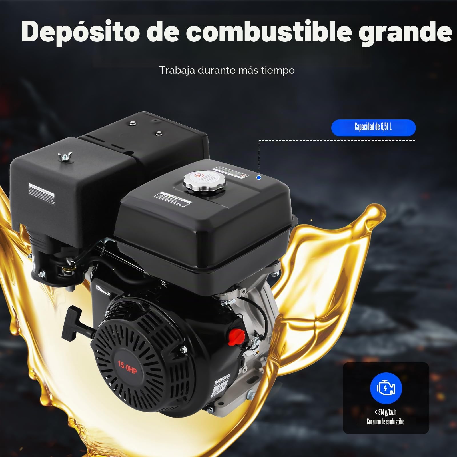 Motor de gasolina de 4 tiempos 15 CV 420 CC - Motor sobre pie - Motor industrial - Enfriamiento por aire OHV - Eje de 25 mm - 3600 rpm - Con función de alarma de aceite - Para karts, limpiadoras de