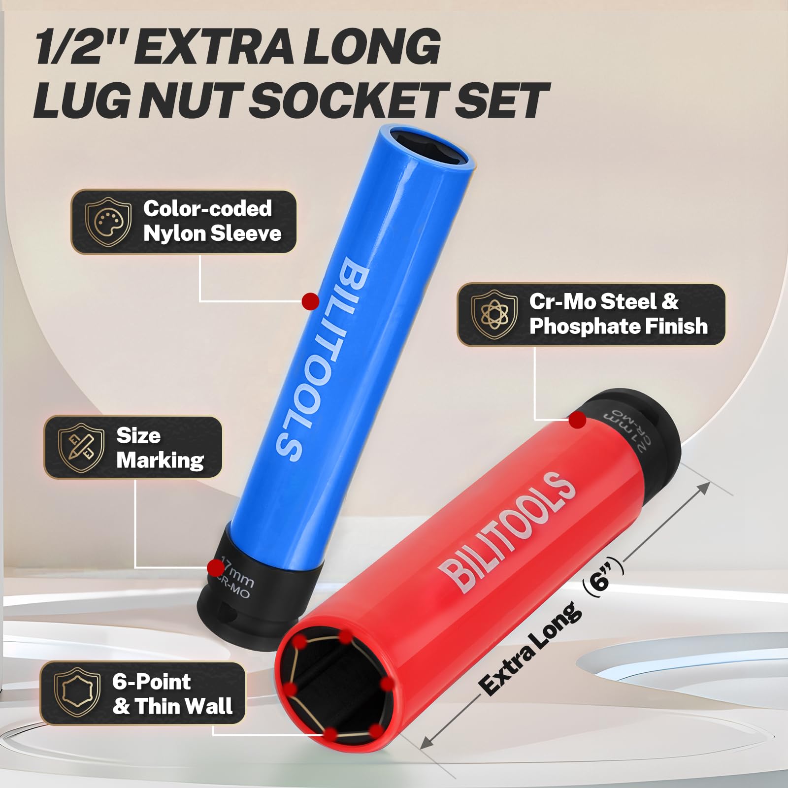 BILITOOLS Set di chiavi a bussola da 1/2", 17, 19, 21 mm, extra lunghe, 15,2 cm, non si rovinano