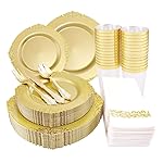 Morejoy 175PCS Solid Gold Plastic Plates with Gold Rimgold disposable dinnerware sets Include 25 Dinner Plates,25 Dessert Plates,25 Cutlery Sets,25 Napkins Perfect for Party & Christmas