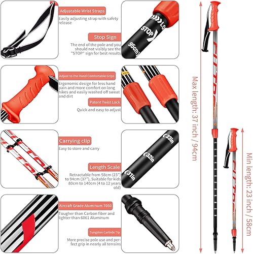 Miniatura 3 de Bastones de senderismo para niños  Bastones nórdicos ultraligeros  Bastones telescópicos de trekking plegables para niños, paquete de 2