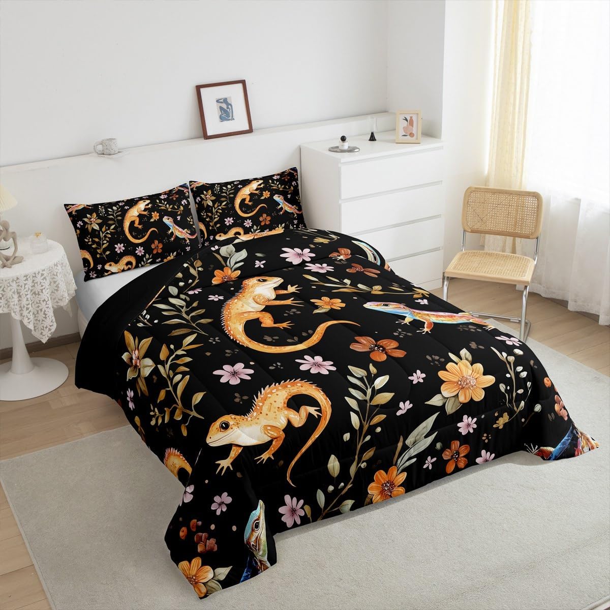 jejeloiu Bearded Dragon Comforter Set Kids Lizard Bedding Set Queen Size Nature Wild Animal Comforter for Boys Girls Bearded Dragon Lover Room Decor Wildlife Bed Set with 1 Comforter, 2 Pillow Case