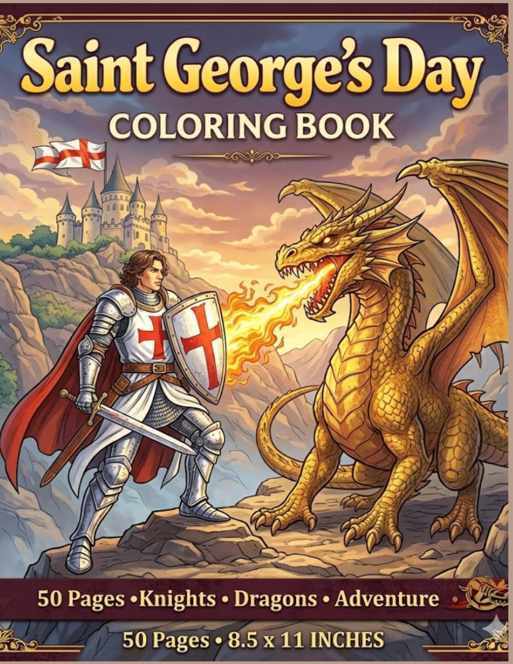 Saint George’s Day Coloring Book: 50 Fun Illustrations of Brave Knights, Epic Dragons, and Heroic Adventures for Kids Ages 4-10