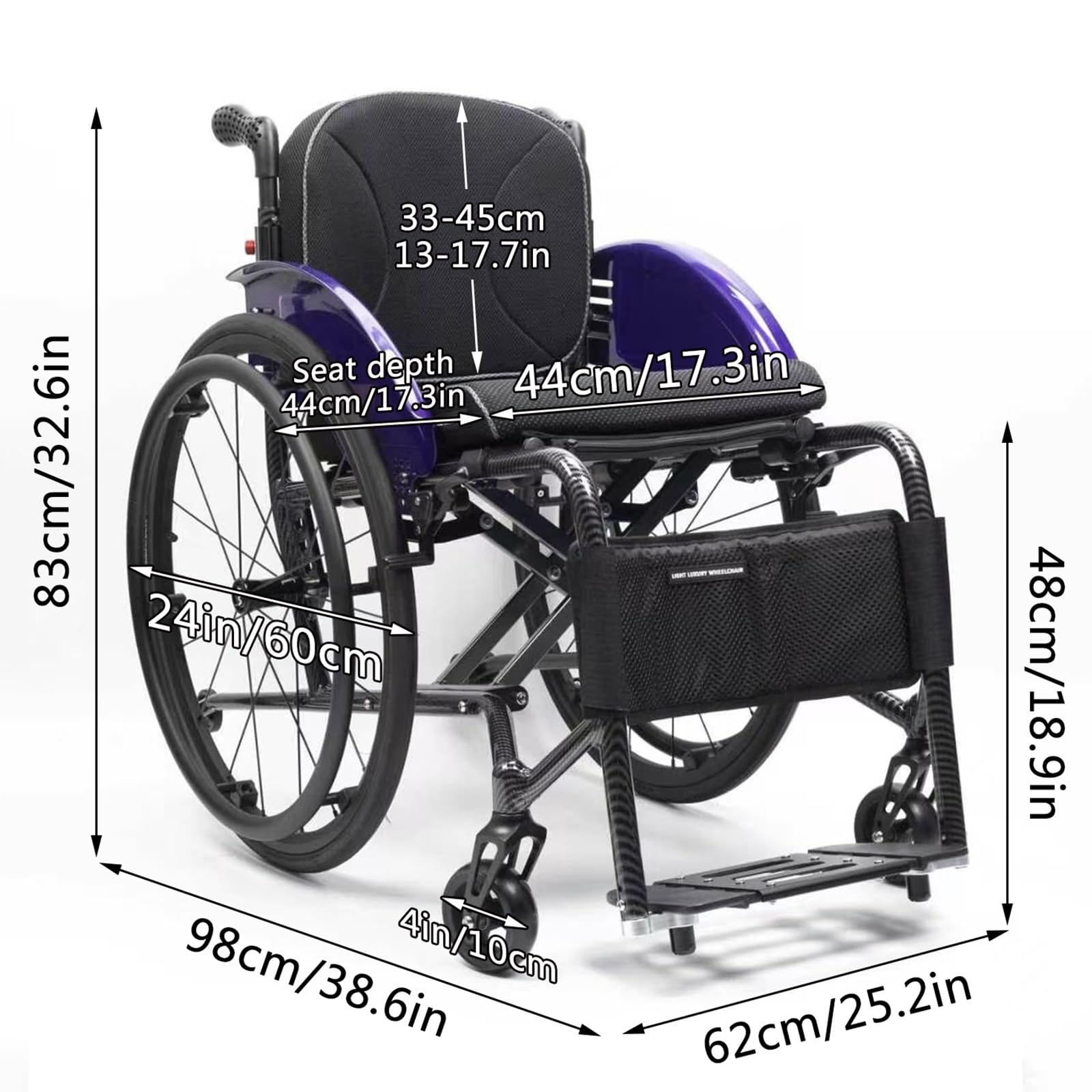 Sillas De Ruedas Deportivas for Adultos Silla De Ruedas De Transporte Muda Todo Terreno, Liviana, Plegable, Portátil, Aleación De Aluminio, Fácil Transporte Y Almacenamiento(44cm/17.3in)
