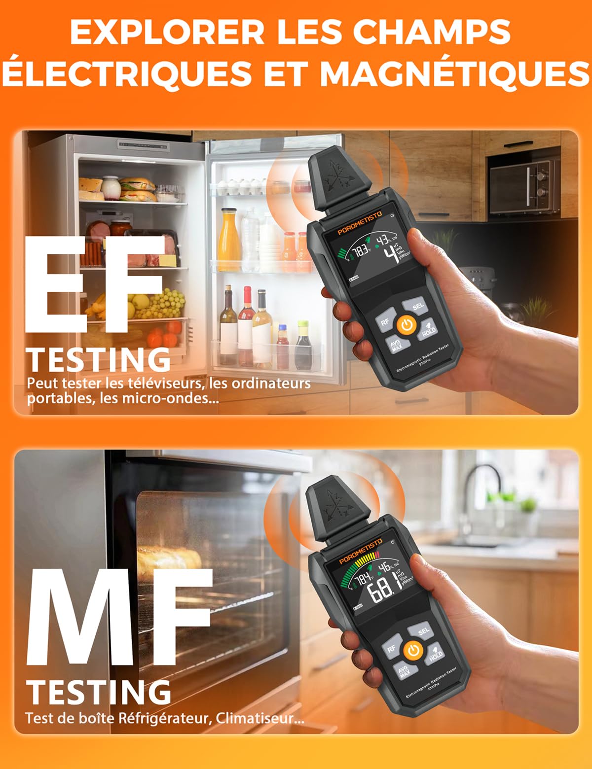 5-IN-1 Détecteur EMF POROMETISTO,avec Stockage des Données Et Batterie | Détecteur de Champ Électromagnétique Portable, Permettant la Mesure Simultanée des Données EF/MF/RF/Température/Humidité